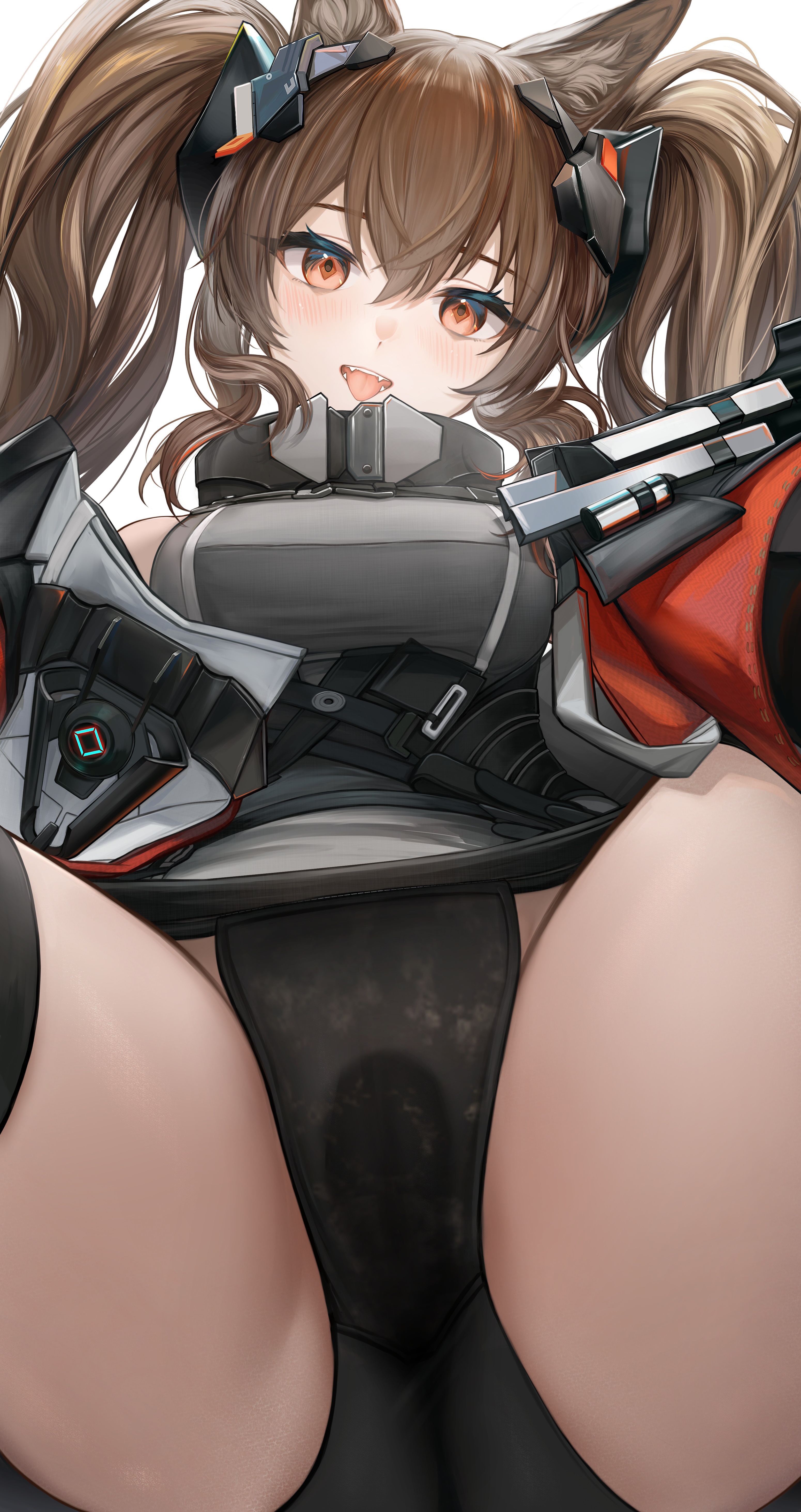 nopetroto, angelina (arknights), gilberta (arknights), arknights, arknights: endfield, absurdres, highres, 1girl, against fourth wall, animal ears, ass, black panties, brown eyes, brown hair, dirty, dirty clothes, fangs, grey shirt, jacket, looking at viewer, official alternate costume, open clothes, open jacket, open mouth, panties, pov, pussy juice stain, red jacket, shirt, sitting, sitting on face, sitting on person, solo, spread legs, thighs, tongue, twintails, underwear, wet, wet clothes, wet panties