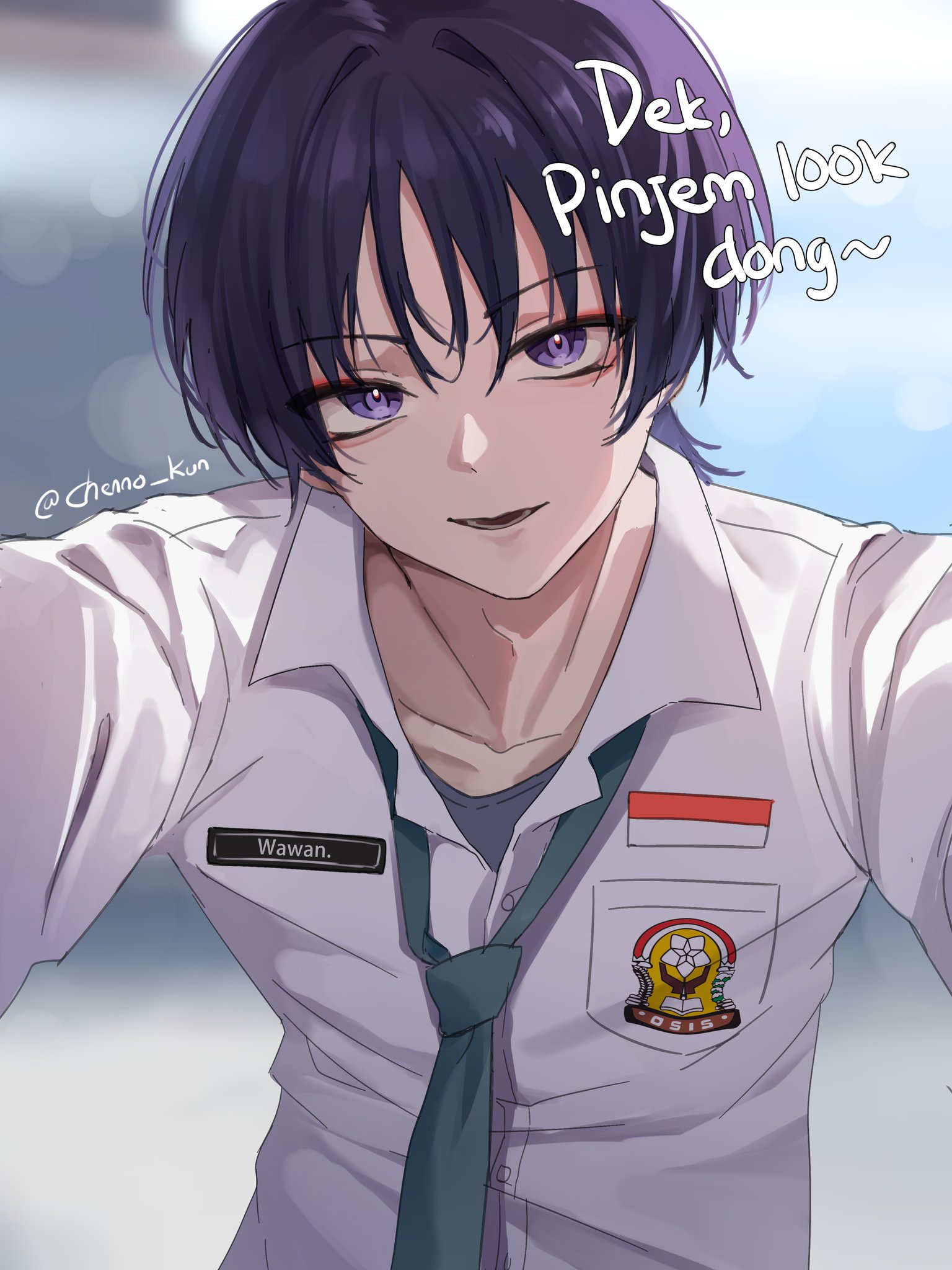 scaramouche (genshin impact), genshin impact, highres, 1boy, black hair, blunt ends, chenno kun, hair between eyes, indonesian flag, indonesian high school uniform, indonesian text, male focus, purple eyes, purple hair, school uniform, shirt, short hair, solo, white shirt