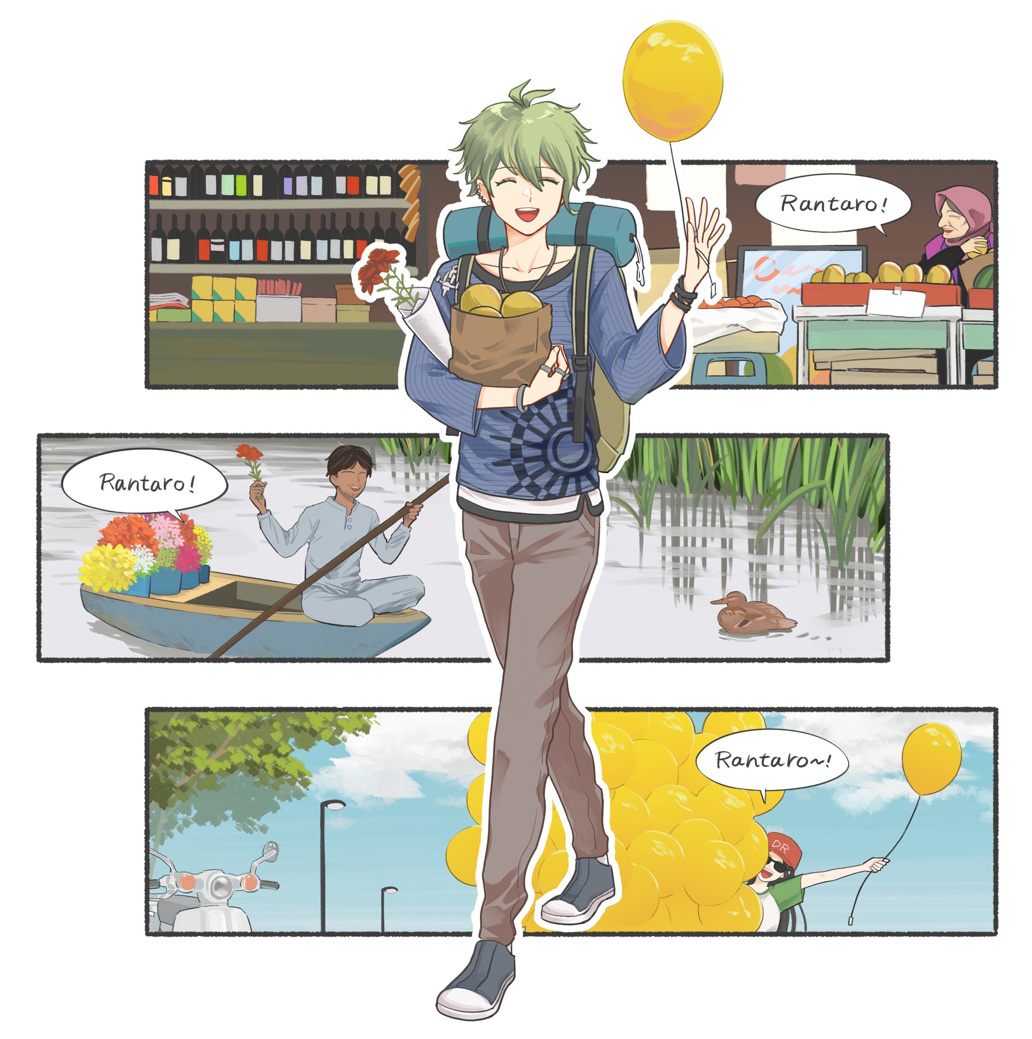 moi (arararcrc), amami rantaro, danganronpa (series), danganronpa v3: killing harmony, commentary, highres, 2boys, 2girls, antenna hair, backpack, bag, balloon, bird, blue sky, boat, brown pants, closed eyes, collarbone, duck, ear piercing, eyelashes, flower, food, fruit, green hair, hair between eyes, happy, jewelry, long sleeves, looking at viewer, male focus, multiple boys, multiple girls, multiple piercings, necklace, open mouth, outline, paddle, pants, paper bag, piercing, shirt, short hair, sky, smile, solo focus, speech bubble, standing, striped clothes, striped shirt, vertical-striped sleeves, walking, water, watercraft, waving, white outline