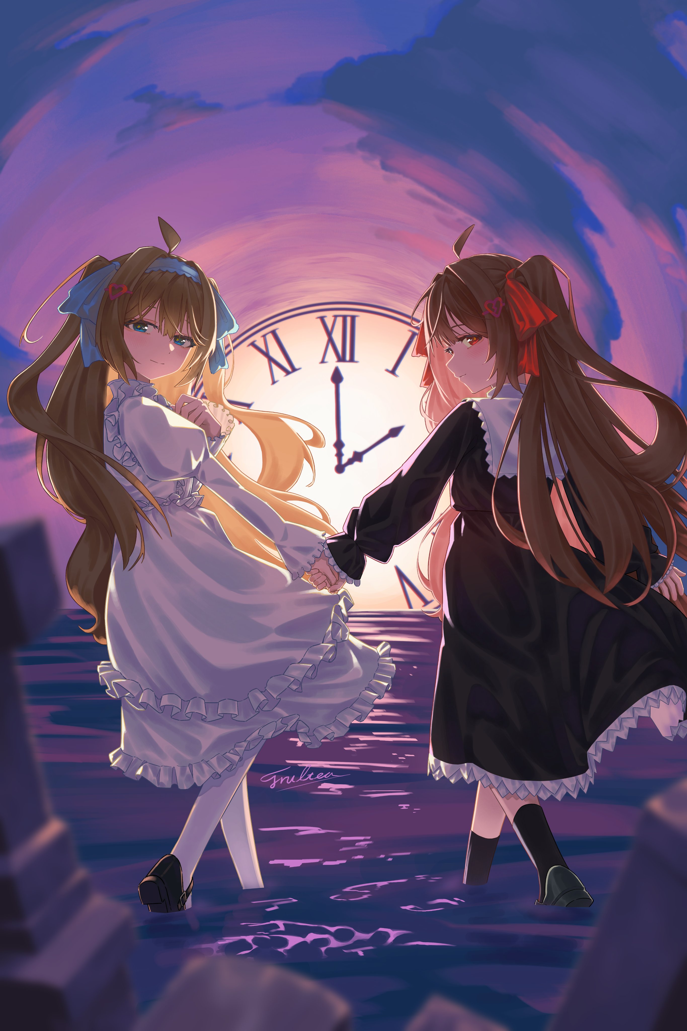 fruitea 0312, evil neuro-sama, neuro-sama, absurdres, commentary, english commentary, highres, 2girls, ahoge, backlighting, black dress, black shoes, black socks, blue hairband, blue ribbon, blurry, broken heart, broken heart hair ornament, brown hair, clock, closed mouth, depth of field, dress, from behind, full body, hair ornament, hair ribbon, hairband, hand grab, heart, heart hair ornament, long dress, long hair, long sleeves, looking at viewer, looking back, multiple girls, on water, outdoors, red ribbon, ribbon, shoes, siblings, signature, sisters, smile, socks, thighhighs, tombstone, twins, two side up, vedal ai, virtual youtuber, walking, water, white dress, white thighhighs