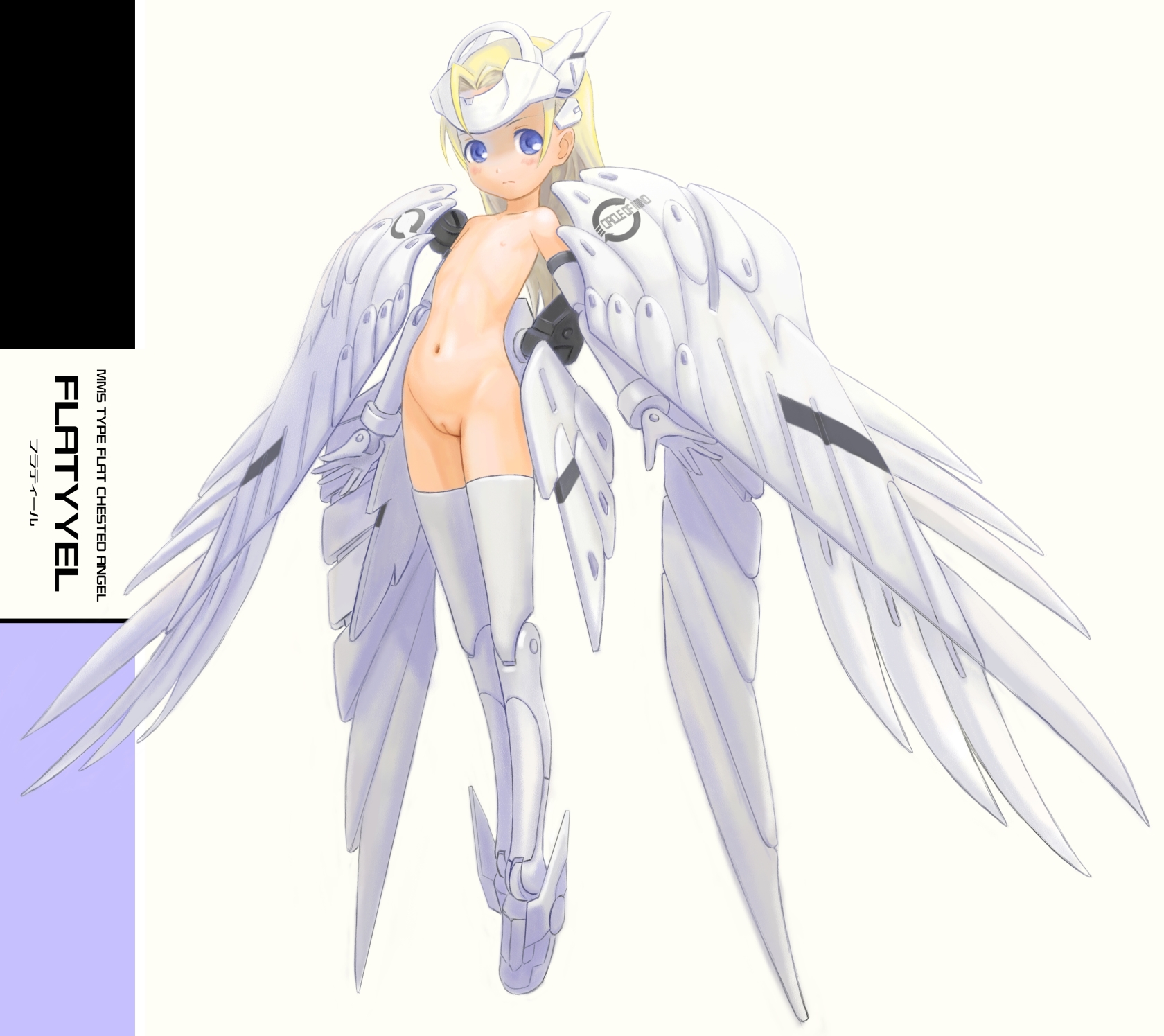 mzd421, busou shinki, highres, 10s, 1girl, blonde hair, blue eyes, doll joints, female focus, flat chest, joints, loli, long hair, navel, nipples, no panties, nude, pussy, solo, thighhighs, topless female, uncensored, wings