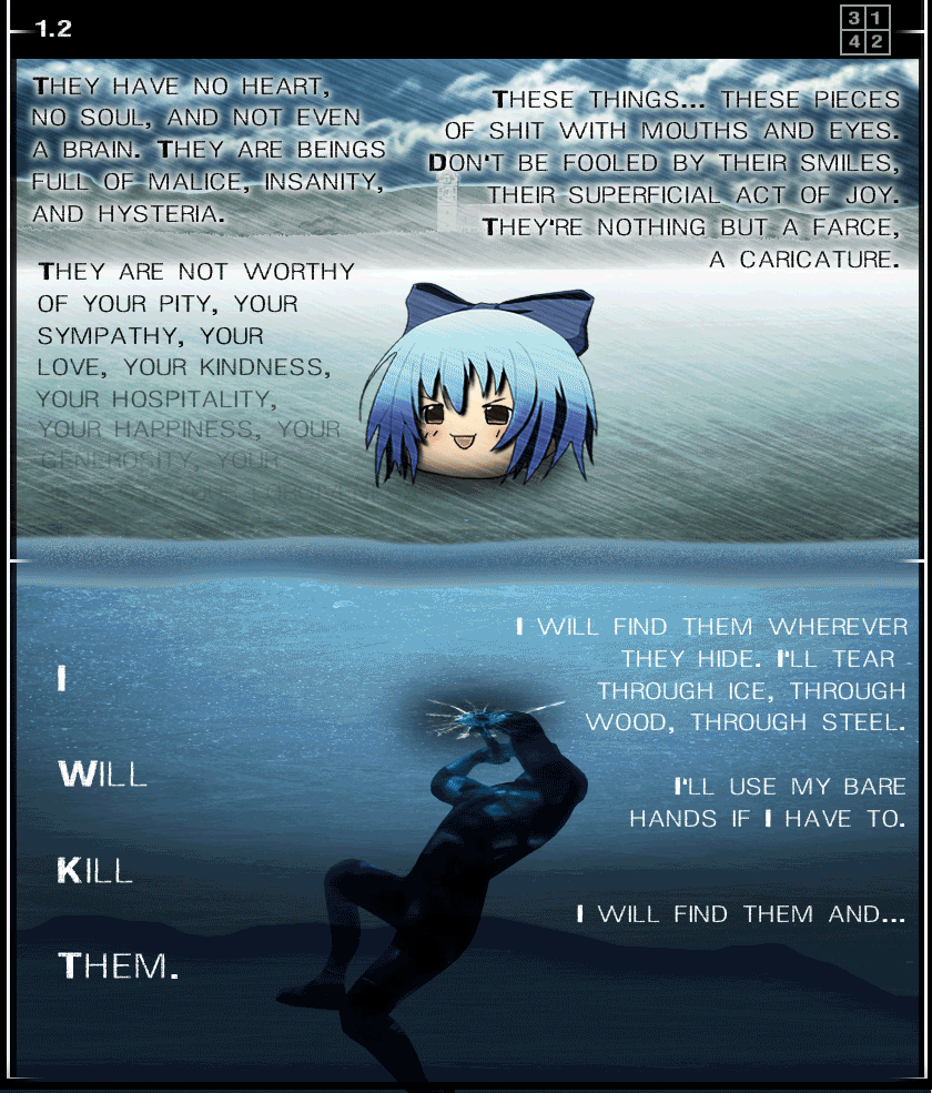 sun (artist), cirno, sam fisher, yukkuri cirno, splinter cell, touhou, english, animated, animated gif, hard-translated, translated, comic, goggles, ice, ninja, parody, scarlet devil mansion, sneaking suit, snow, what, yukkuri shiteitte ne