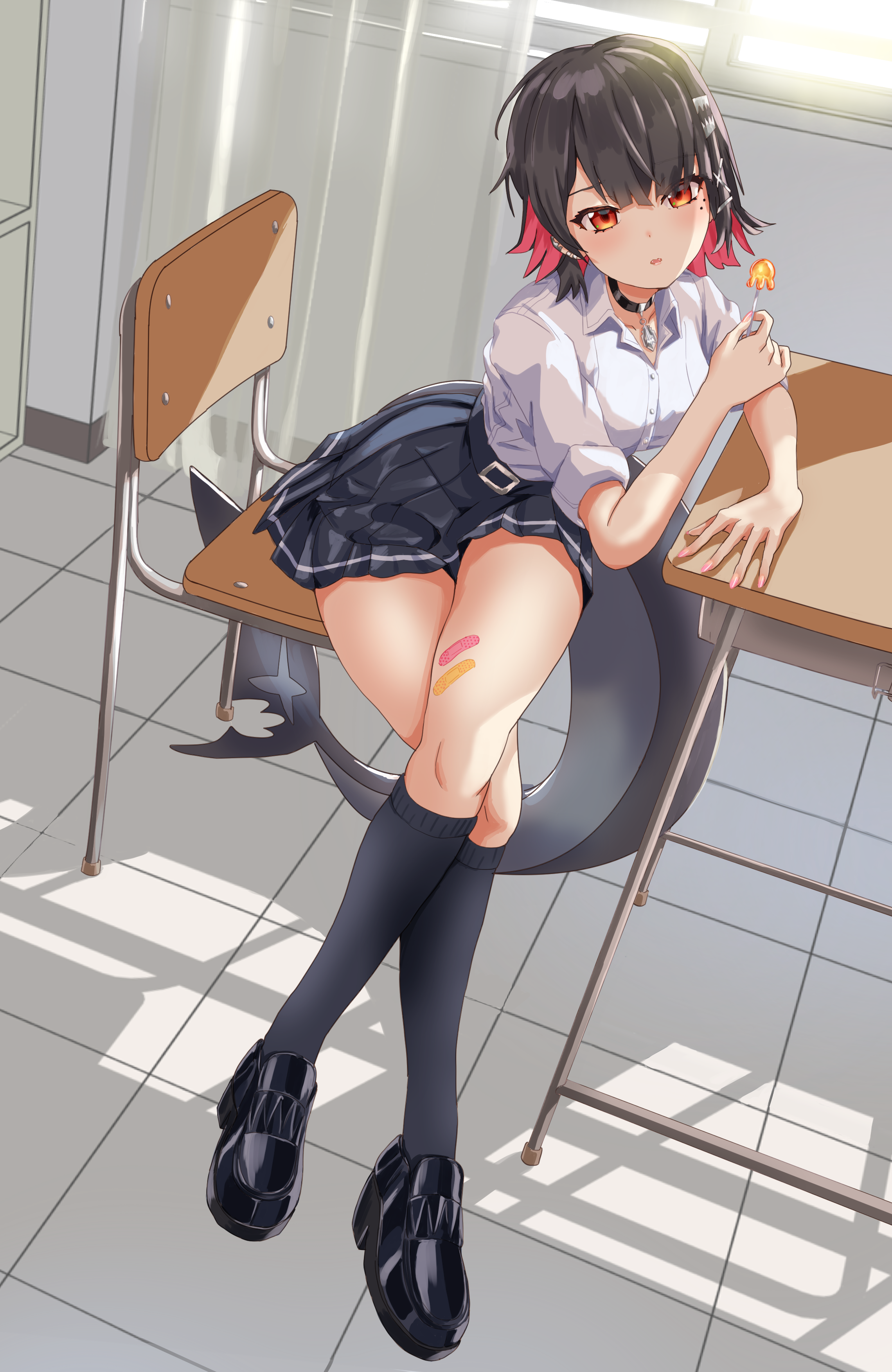 lingmu, ellen joe, ellen joe (on campus), zenless zone zero, absurdres, commission, highres, skeb commission, 1girl, bandaid, bandaid on leg, belt, black belt, black choker, black hair, black shoes, black skirt, blush, candy, chair, choker, collared shirt, colored inner hair, desk, fins, fish tail, food, hair between eyes, hair ornament, holding, holding candy, holding food, holding lollipop, lollipop, long sleeves, looking at viewer, mole, mole under eye, multicolored hair, official alternate costume, on chair, orange eyes, parted lips, pink hair, pink nails, pleated skirt, school desk, school uniform, shark girl, shark tail, shirt, shoes, short hair, sitting, skirt, solo, tail, thighs, white shirt