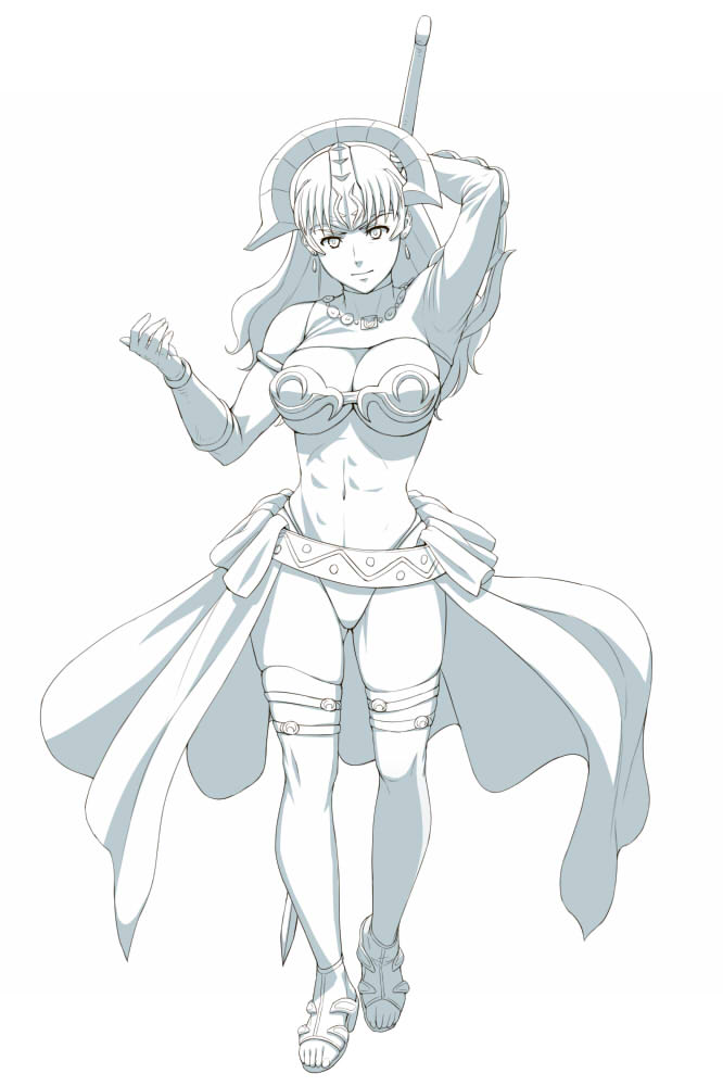 nigou, claudette (queen's blade), claudette lord of thundercloud, queen's blade, 00s, 1girl, abs, armor, bikini armor, blue theme, breasts, cleavage, earrings, female focus, jewelry, large breasts, long hair, midriff, monochrome, sandals, solo, thighhighs, toeless legwear, toes, underboob