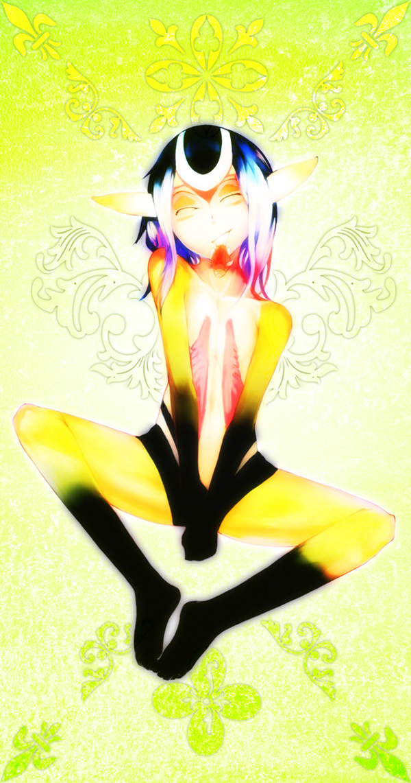 ahobaka, mutio, ao no roku-gou, 1girl, ^ ^, closed eyes, colored skin, female focus, fish, flat chest, full body, furry, furry female, gradient hair, happy, monster girl, multicolored hair, multicolored skin, pointy ears, sitting, smile, solo, spread legs, therianthrope, yellow skin