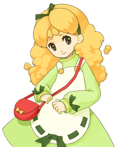 manami (osawari tantei), penelope, osawari tantei, lowres, 1girl, apron, bag, beeworks, dress, female focus, long hair, orange hair, ribbon, solo