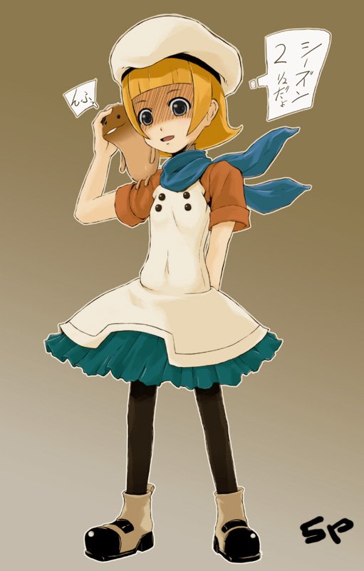 funghi, mackenzie, nameko (osawari tantei), ozawa rina, osawari tantei, 1girl, beeworks, blonde hair, boots, dress, frills, hat, mushroom, neckerchief, pantyhose, scarf