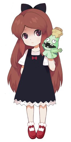 lynsey, magi (osawari tantei), mira (osawari tantei), osawari tantei, osawari tantei 1, lowres, 1girl, beeworks, bow, brown eyes, brown hair, child, dress, female focus, long hair, puppet, solo