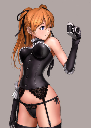 ryu (ryu's former site), souryuu asuka langley, neon genesis evangelion, black panties, blue eyes, camera, choker, corset, elbow gloves, garter belt, gloves, hair ribbon, lace, lingerie, orange hair, panties, red hair, ribbon, side-tie panties, smile, thighhighs, twintails, underwear, wink