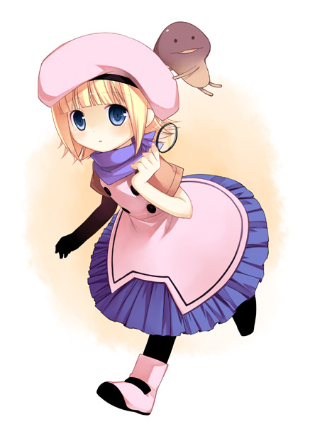arima (yukagen), funghi, mackenzie, nameko (osawari tantei), ozawa rina, osawari tantei, bad id, bad pixiv id, 1girl, beeworks, beret, blonde hair, blue eyes, blue neckerchief, boots, dress, frills, full body, hat, magnifying glass, mushroom, neckerchief, pink boots, running