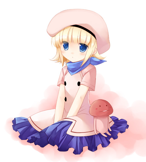 arima (yukagen), funghi, mackenzie, nameko (osawari tantei), ozawa rina, osawari tantei, bad id, bad pixiv id, 1girl, beeworks, blonde hair, blue eyes, blue neckerchief, dress, frills, hat, kneeling, mushroom, neckerchief, scarf