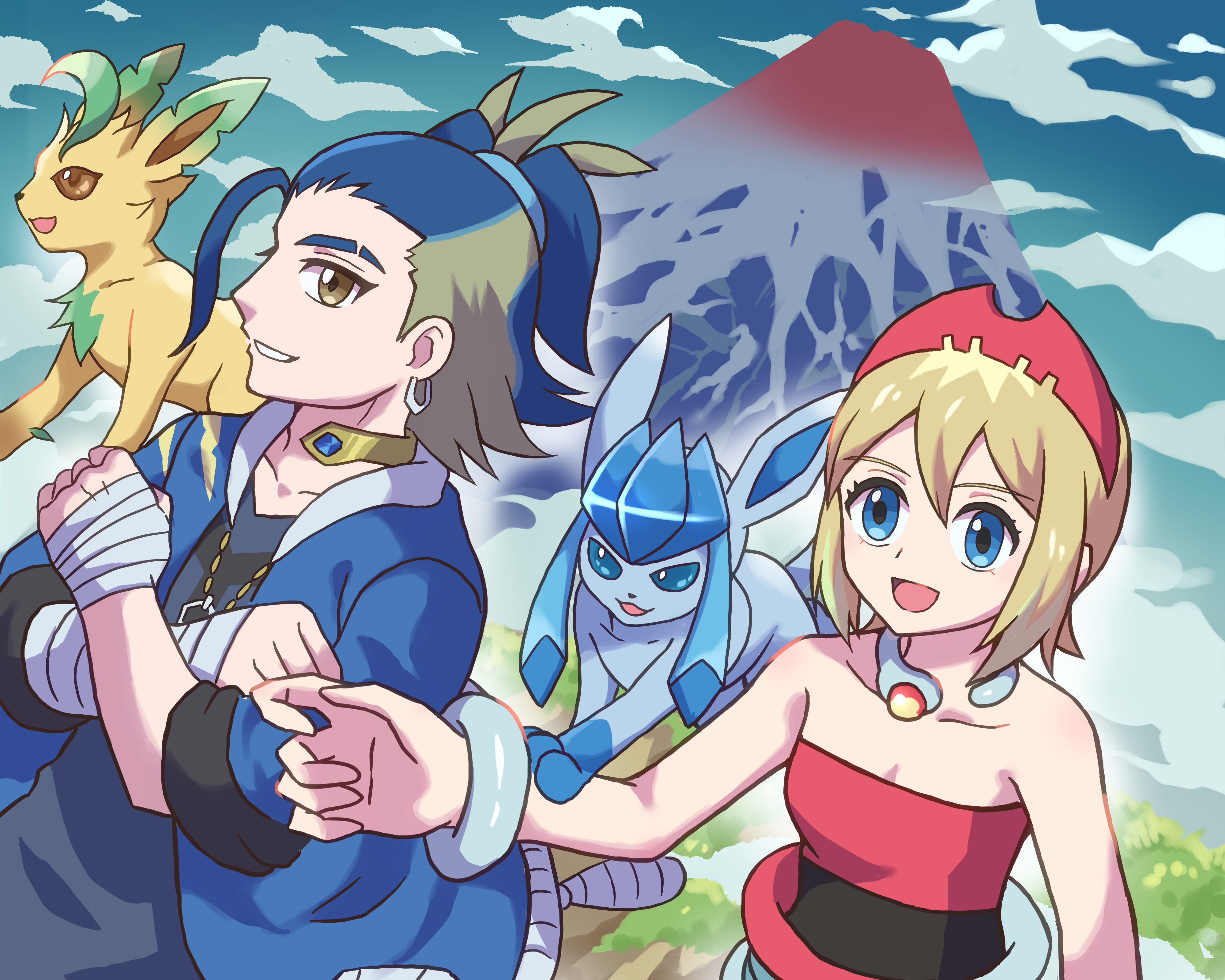 doe (doe69109327), adaman (pokemon), glaceon, irida (pokemon), leafeon, nintendo, pokemon, pokemon legends: arceus, absurdres, highres, 1boy, 1girl, 2others, arm wrap, blonde hair, blue coat, blue eyes, blue hair, bracelet, brown eyes, choker, coat, collarbone, gen 4 pokemon, hair between eyes, hair ornament, hand wraps, jewelry, long hair, multicolored hair, multiple others, open mouth, pokemon (creature), ponytail, red tube top, smile, strapless, tube top