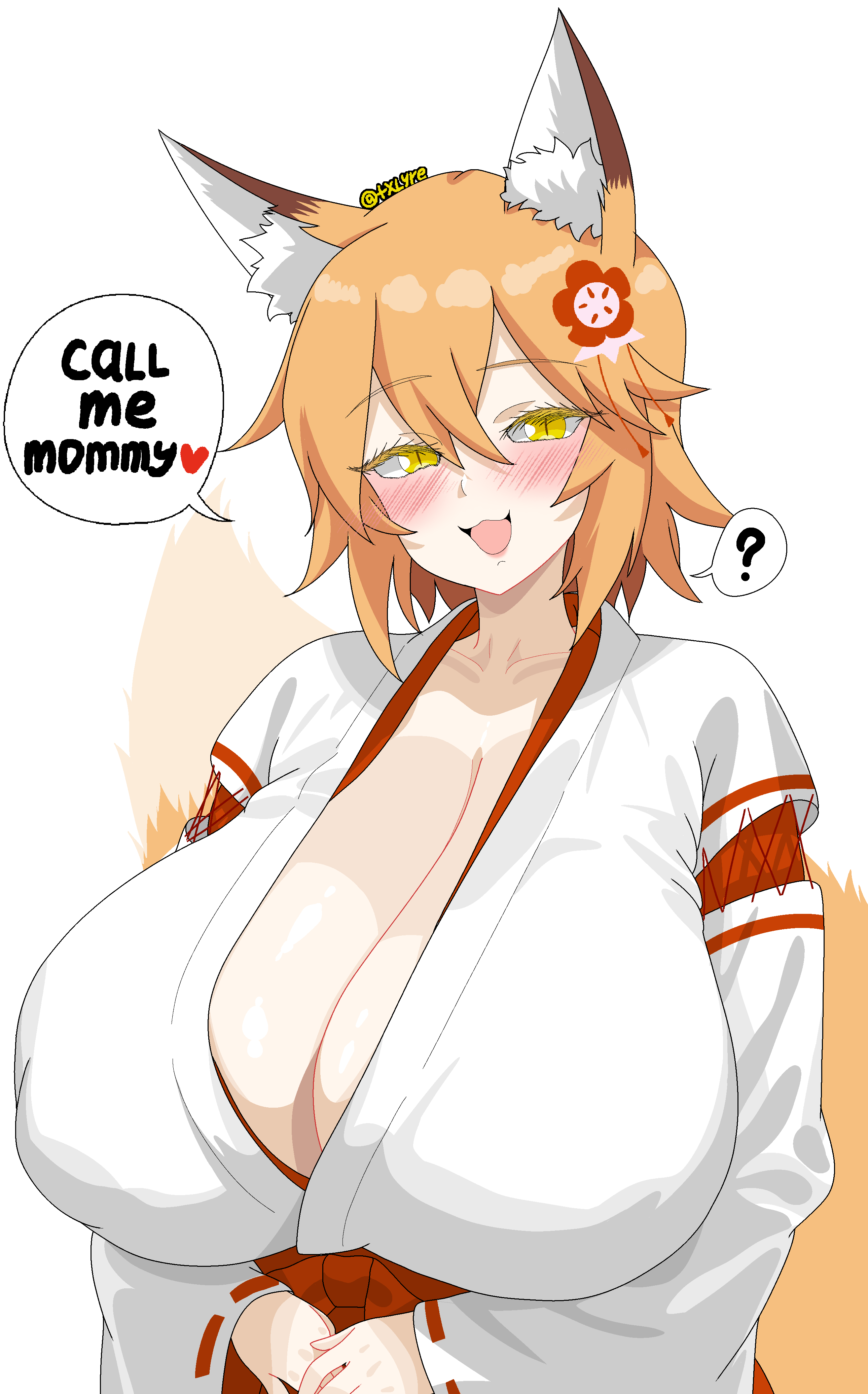 txlyre, senko (sewayaki kitsune no senko-san), sewayaki kitsune no senko-san, absurdres, highres, 1girl, aged up, alternate breast size (larger), animal ear fluff, animal ears, blush, breasts, cleavage, english text, fox ears, fox girl, fox tail, hair ornament, hakama, huge breasts, japanese clothes, kimono, looking at viewer, miko, no bra, open mouth, orange hair, red hakama, ribbon-trimmed sleeves, ribbon trim, simple background, smile, solo, speech bubble, tail, white background, white kimono, yellow eyes