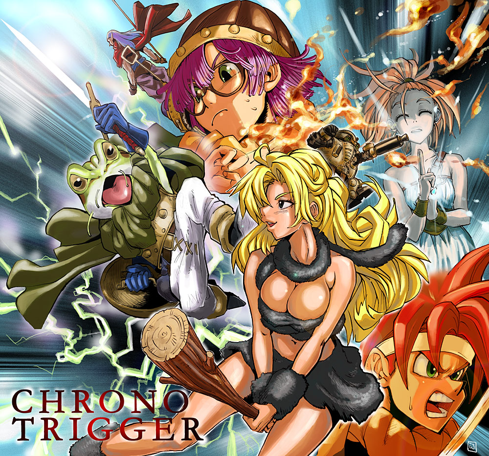 nekoguchi, ayla (chrono trigger), crono (chrono trigger), frog (chrono trigger), lucca ashtear, marle (chrono trigger), robo (chrono trigger), chrono (series), chrono trigger, 1990s (style), 2boys, 3girls, 4boys, blonde hair, breasts, brown eyes, cleavage, club (weapon), fire, glasses, green eyes, headband, helmet, large breasts, lightning, long hair, magic, midriff, multiple boys, multiple girls, ponytail, purple hair, red hair, shield, short hair, sword, weapon