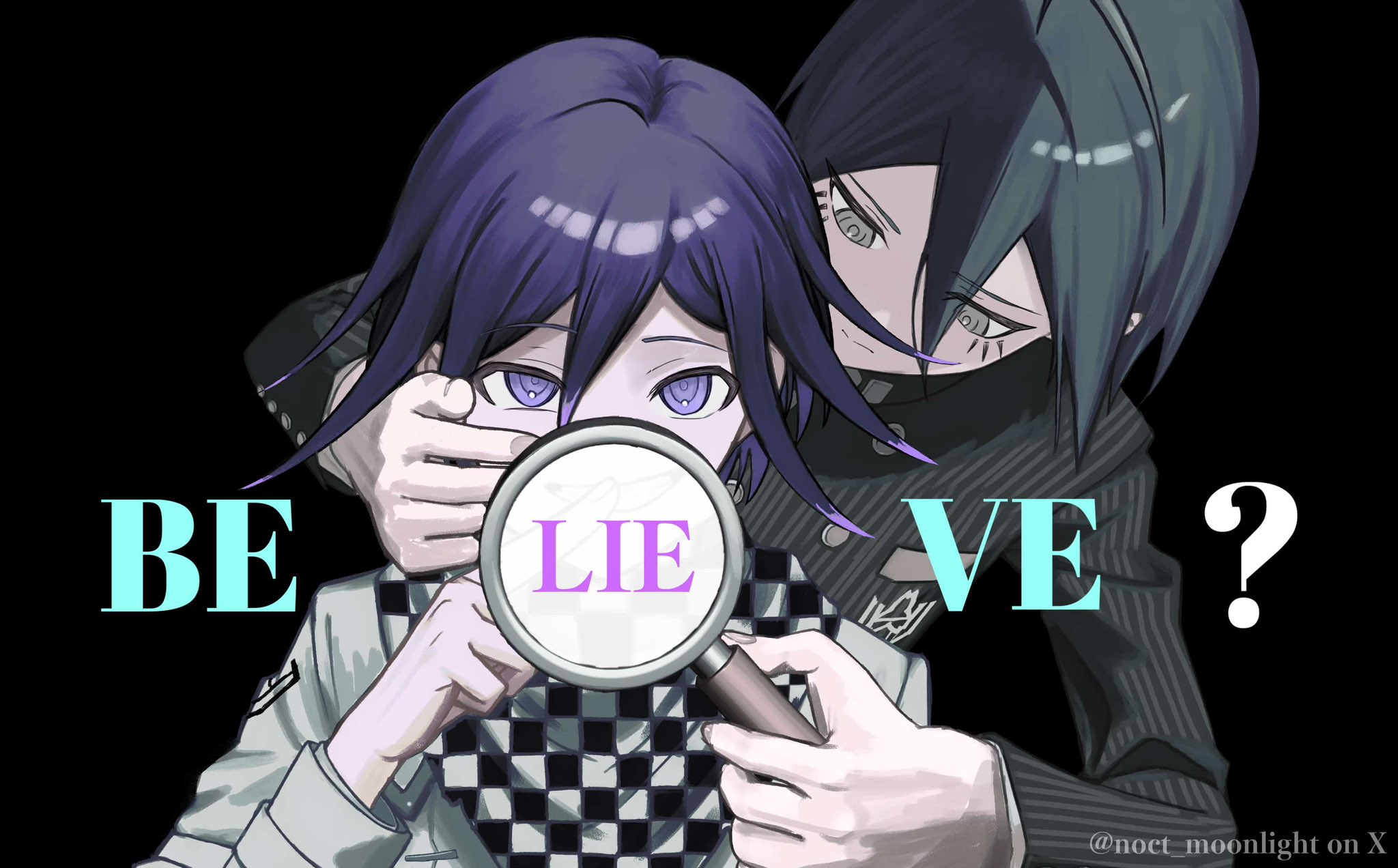 sukizukiko, oma kokichi, saihara shuichi, danganronpa (series), danganronpa v3: killing harmony, highres, 2boys, ahoge, black background, black hair, brown eyes, buttons, checkered clothes, checkered scarf, covered mouth, english text, expressionless, eyelashes, flipped hair, hair between eyes, hand on another's face, holding, holding magnifying glass, jacket, long sleeves, looking at viewer, lower eyelashes only, magnifying glass, male focus, multiple boys, pinstripe jacket, pinstripe pattern, purple eyes, purple hair, ringed eyes, scarf, short hair, striped clothes, striped jacket, two-tone scarf, upper body