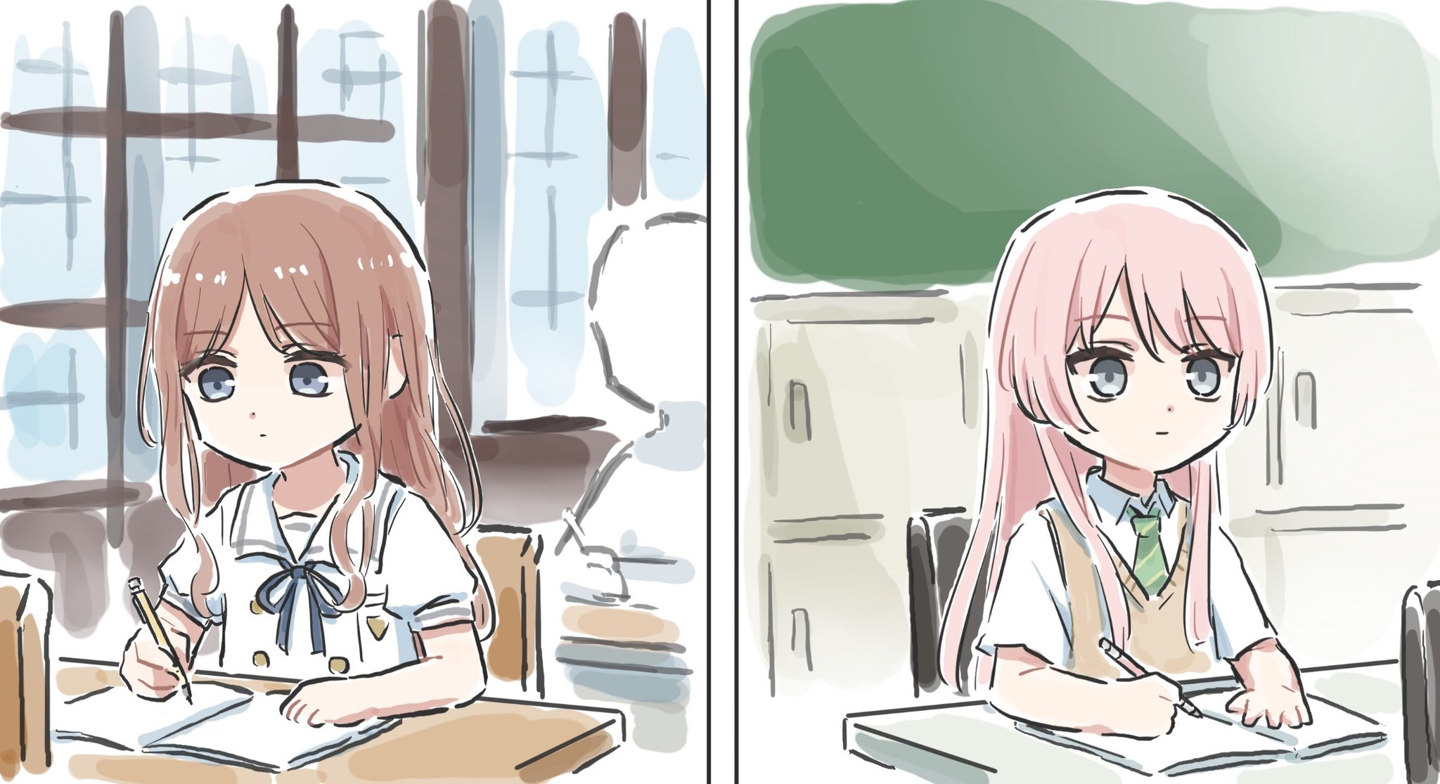 lyy, chihaya anon, nagasaki soyo, bang dream!, bang dream! it's mygo!!!!!, commentary, highres, symbol-only commentary, 2girls, blue eyes, blue ribbon, brown hair, chair, closed mouth, desk, grey eyes, haneoka school uniform, holding, holding pencil, long hair, multiple girls, neck ribbon, pencil, pink hair, ribbon, school chair, school desk, school uniform, tsukinomori school uniform