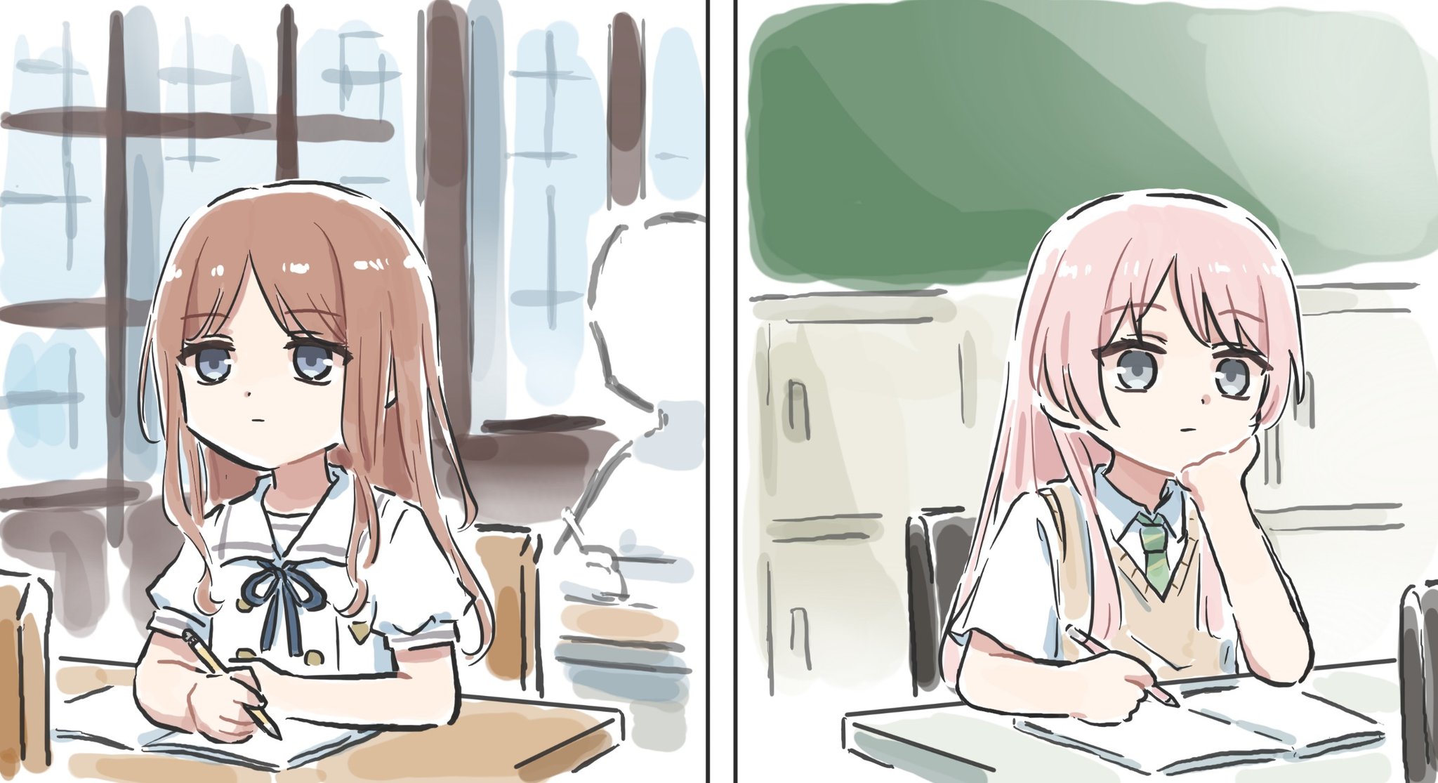 lyy, chihaya anon, nagasaki soyo, bang dream!, bang dream! it's mygo!!!!!, commentary, highres, symbol-only commentary, 2girls, blue eyes, blue ribbon, brown hair, chair, closed mouth, desk, grey eyes, haneoka school uniform, head rest, holding, holding pencil, long hair, multiple girls, neck ribbon, pencil, pink hair, ribbon, school chair, school desk, school uniform, tsukinomori school uniform