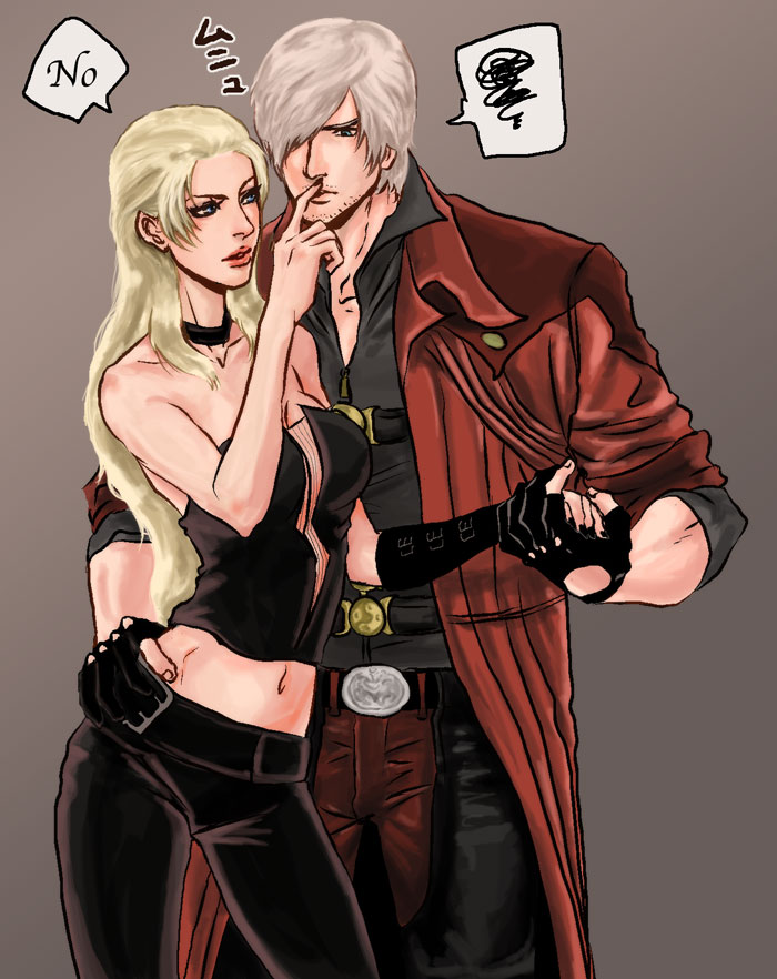 kuro@tokuni yon de nai, natsu yasai, dante (devil may cry), trish (devil may cry), capcom, devil may cry (series), devil may cry 4, 00s, 1boy, 1girl, belt, blonde hair, blue eyes, choker, couple, gloves, long hair, short hair, white hair