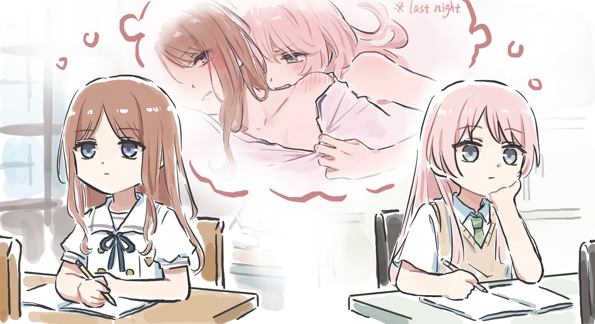 lyy, chihaya anon, nagasaki soyo, bang dream!, bang dream! it's mygo!!!!!, commentary, highres, symbol-only commentary, 2girls, blue eyes, blue ribbon, blush, brown hair, chair, closed mouth, desk, ear blush, english text, fang, grey eyes, haneoka school uniform, holding, holding pencil, imagining, long hair, multiple girls, neck ribbon, open mouth, pencil, pink hair, ribbon, school chair, school desk, school uniform, shared thought bubble, speech bubble, thought bubble, tsukinomori school uniform, yuri