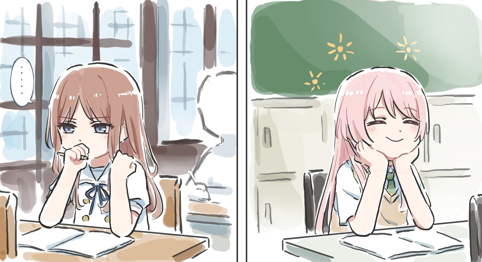 lyy, chihaya anon, nagasaki soyo, bang dream!, bang dream! it's mygo!!!!!, commentary, highres, symbol-only commentary, …, 2girls, blue eyes, blue ribbon, blush, brown hair, chair, closed eyes, closed mouth, desk, hands on own cheeks, hands on own face, haneoka school uniform, holding, holding pencil, long hair, multiple girls, neck ribbon, pencil, pink hair, ribbon, school chair, school desk, school uniform, smile, spoken ellipsis, tsukinomori school uniform