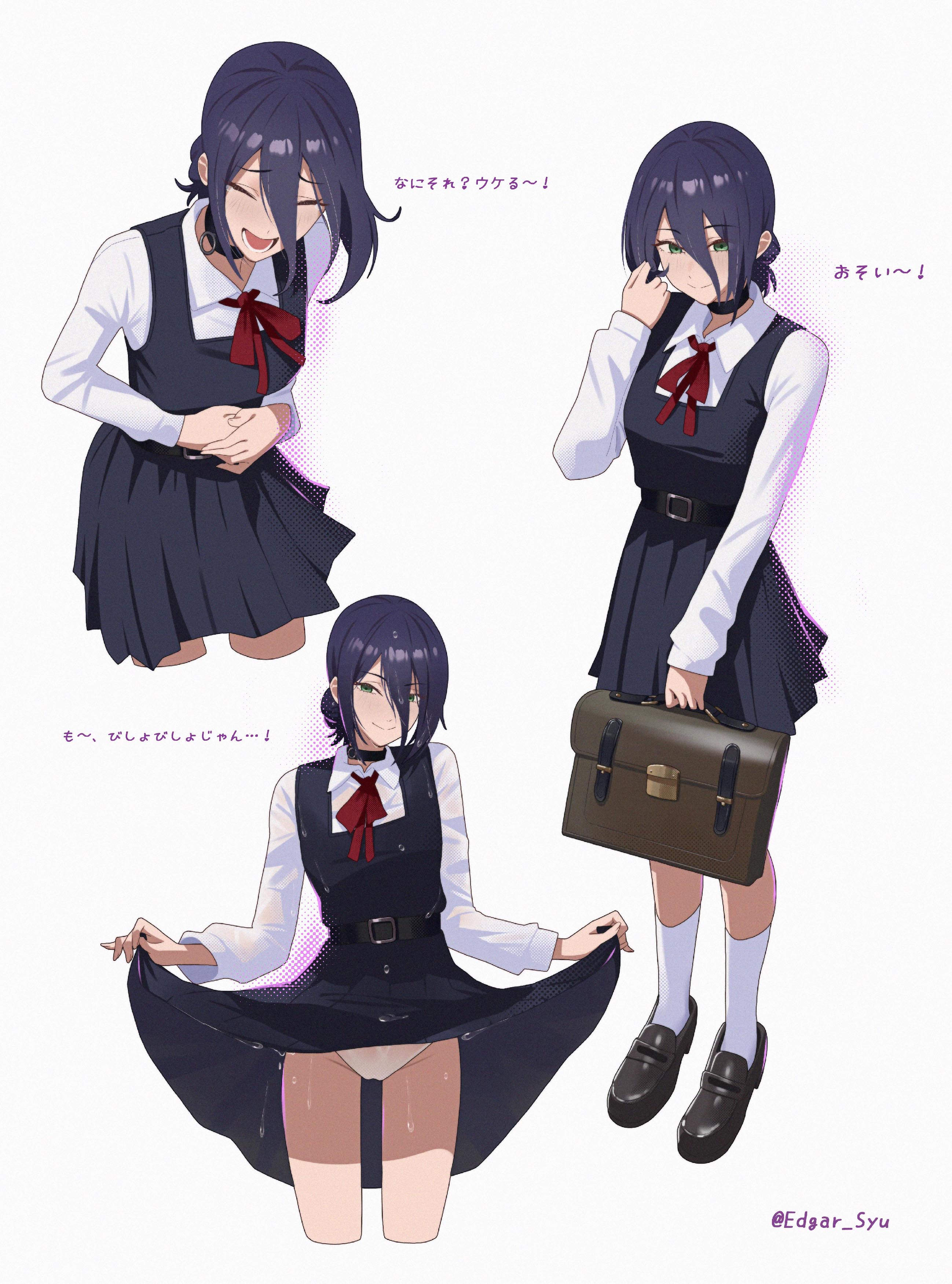 edgar syu, reze (chainsaw man), chainsaw man, absurdres, commentary request, highres, translation request, 1girl, ^ ^, alternate costume, bag, belt, black choker, black dress, black hair, black shoes, blush, breasts, brown bag, choker, closed eyes, clothes lift, cropped legs, dress, dress shirt, full body, green eyes, green hair, grenade pin, groin, hair between eyes, holding, holding bag, kneehighs, laughing, loafers, long hair between eyes, long sleeves, looking at viewer, multiple views, neck ribbon, panties, pinafore dress, pleated dress, red ribbon, ribbon, school uniform, shirt, shoes, simple background, skirt, skirt lift, sleeveless, sleeveless dress, small breasts, smile, socks, tears, thighs, twitter username, underwear, wet, wet clothes, white background, white panties, white shirt, white socks