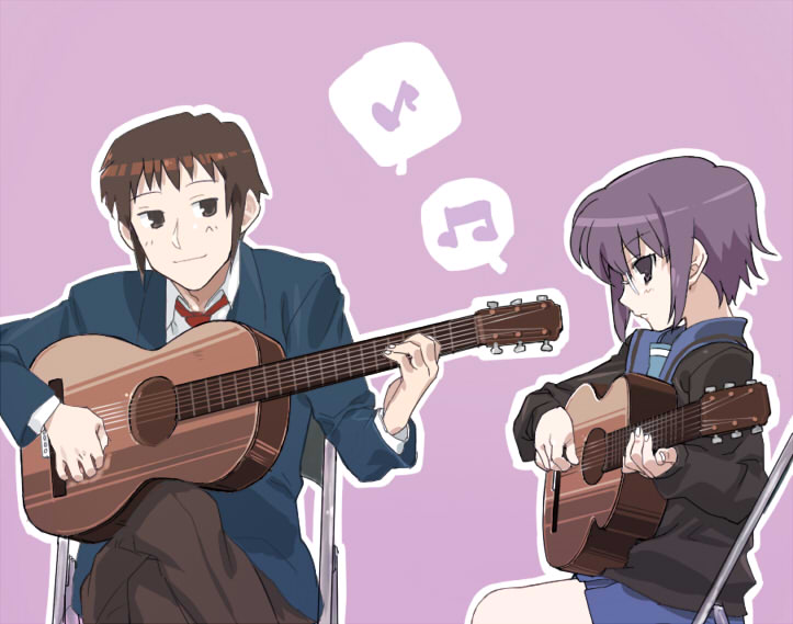 tonbi, kyon, nagato yuki, suzumiya haruhi no yuuutsu, bad id, bad pixiv id, 00s, acoustic guitar, brown eyes, brown hair, guitar, instrument, musical note, purple hair, short hair