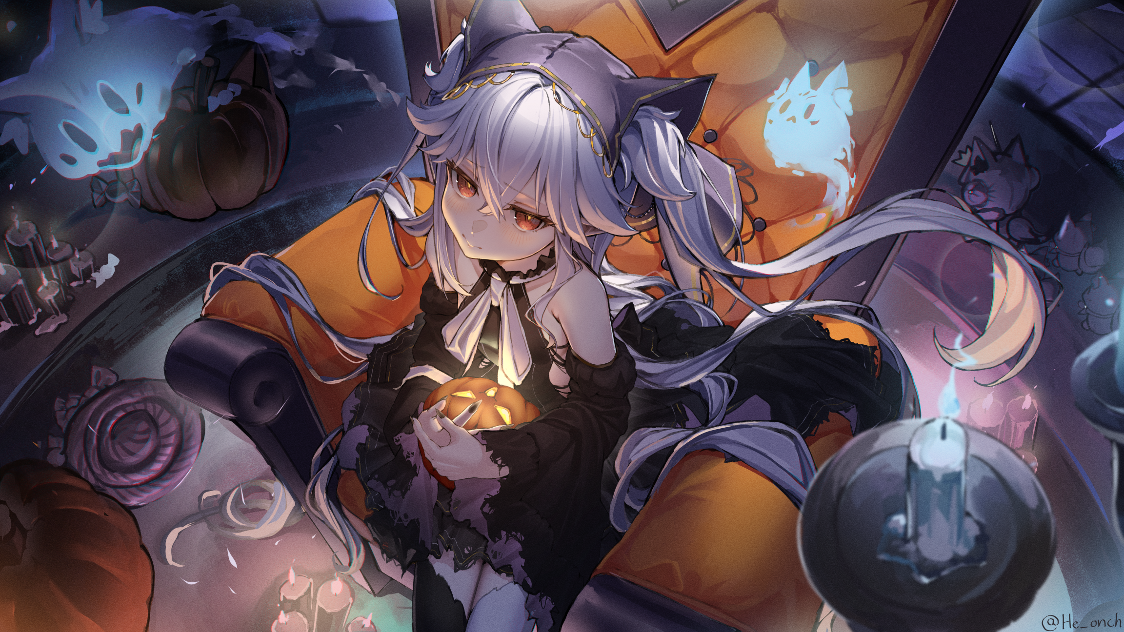 makigaihe, shirakami fubuki, sukonbu (shirakami fubuki), hololive, highres, 1girl, animal ear fluff, animal ears, black dress, black nails, candle, candlestand, candy, closed mouth, dress, food, fox ears, fox girl, ghost, hair between eyes, hair ornament, jack-o'-lantern, long hair, pumpkin, red eyes, sitting, sleeveless, sleeveless dress, solo, twintails, very long hair, virtual youtuber, white hair