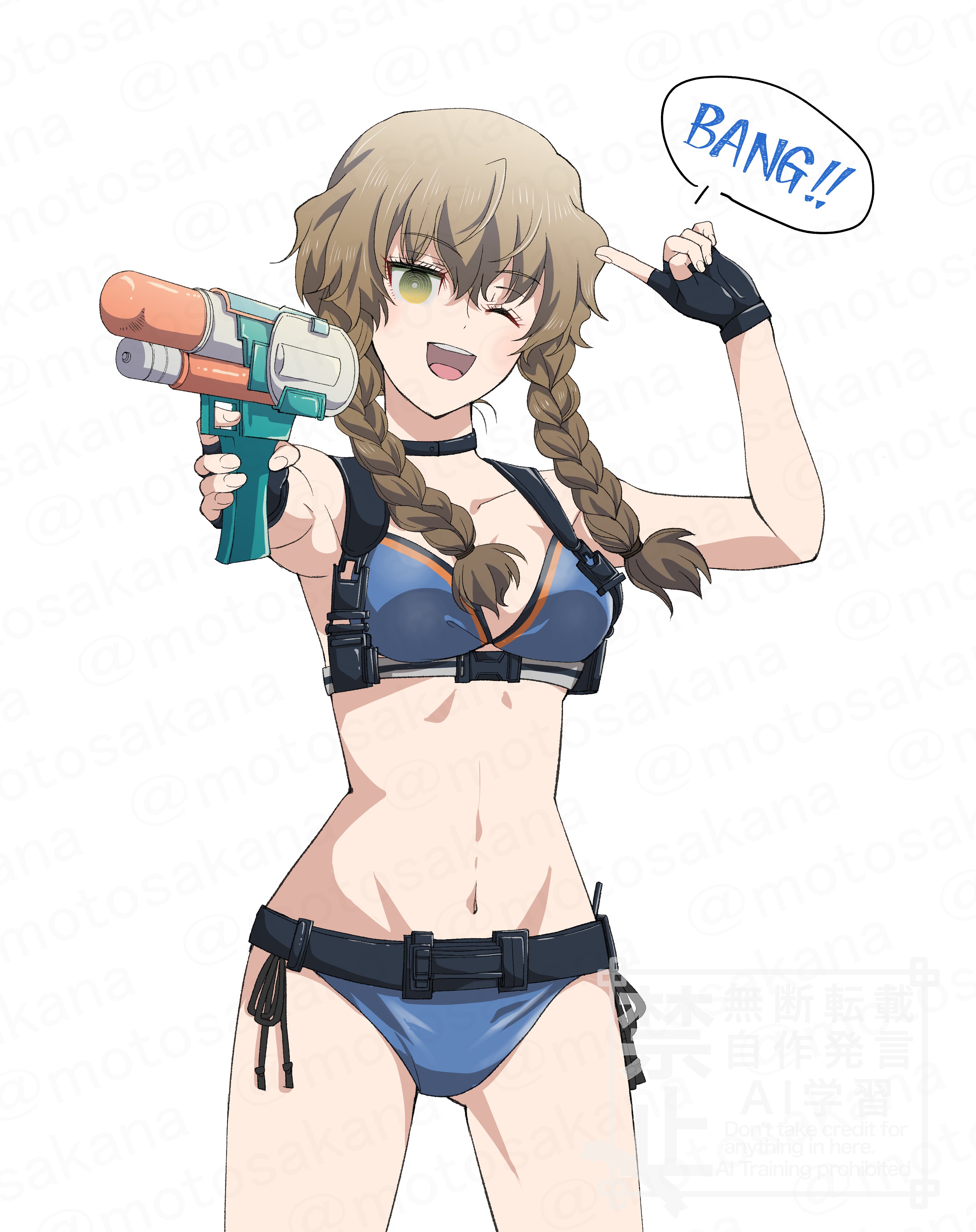 motomotosakana, amane suzuha, science adventure, steins;gate, absurdres, highres, 1girl, belt, black gloves, braid, breasts, brown hair, fingerless gloves, gloves, green eyes, groin, groin tendon, gun, holding, holding water gun, long hair, navel, one eye closed, open mouth, ringed eyes, smile, solo, speech bubble, stomach, swimsuit, tongue, twin braids, water gun, weapon
