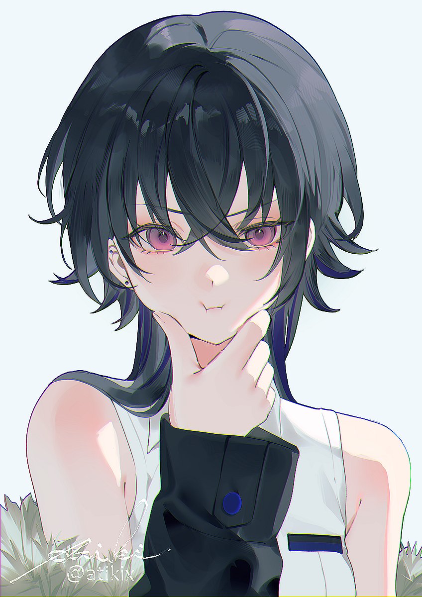 achiki, ichinose uruha, ichinose uruha (4th costume), lupinus virtual games, vspo!, commentary, hashtag-only commentary, highres, symbol-only commentary, 1girl, artist name, black hair, black jacket, collared shirt, crossed bangs, earrings, hair between eyes, hand on own cheek, hand on own face, jacket, jewelry, long hair, looking at viewer, official artist extra, portrait, pout, purple eyes, shirt, signature, simple background, sleeveless, sleeveless shirt, solo, upper body, virtual youtuber, white background, white shirt