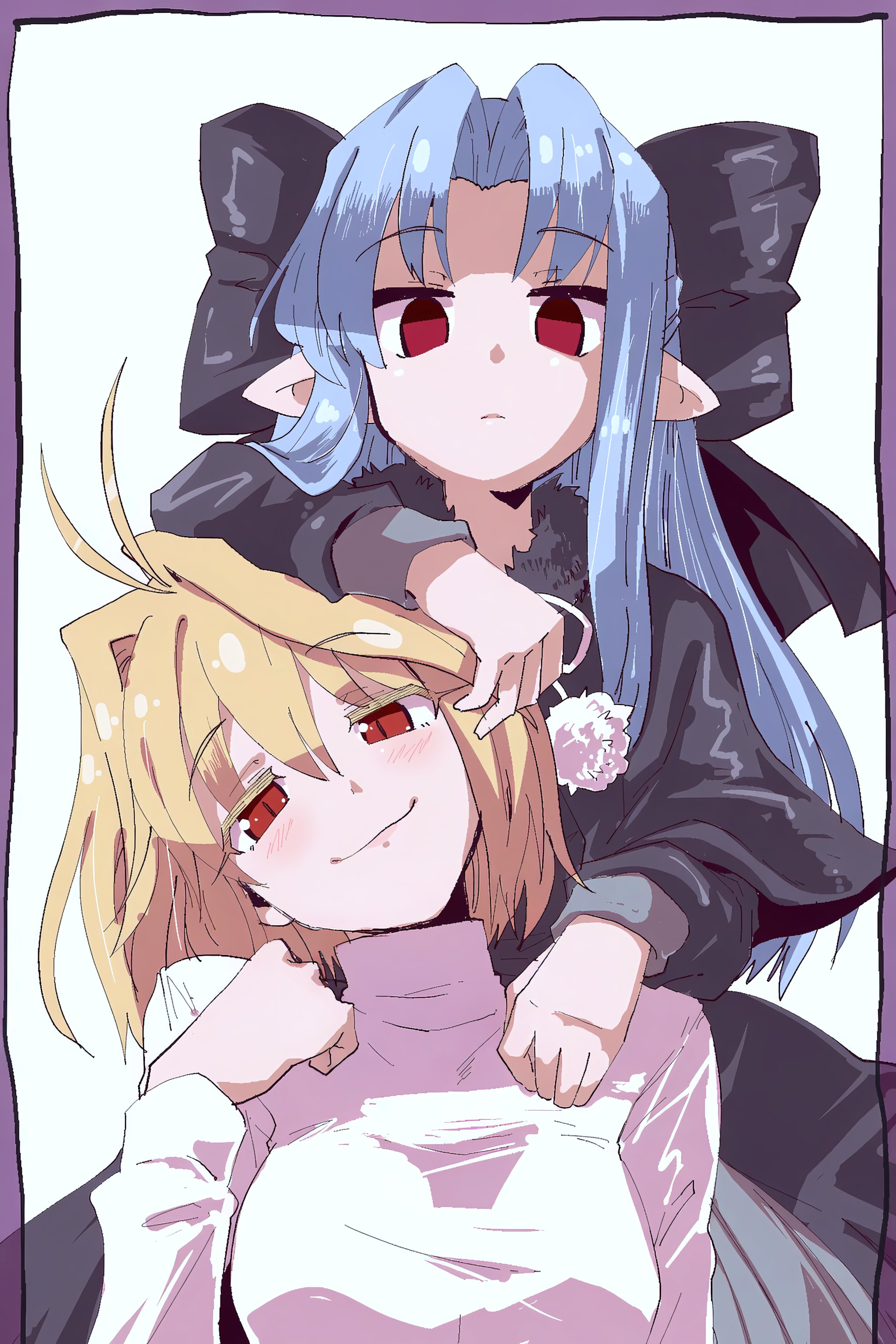 ga-006, arcueid brunestud, len (tsukihime), kagetsu tooya, melty blood, tsukihime, absurdres, highres, 2girls, ahoge, black bow, black capelet, black dress, blonde hair, blue hair, blush, bow, breasts, capelet, dress, hair between eyes, hair bow, hair intakes, hand on another's head, hand on another's shoulder, long hair, looking at viewer, multiple girls, pom pom (clothes), red eyes, ribbon, short hair, smile, sweater, turtleneck, turtleneck sweater, white sweater