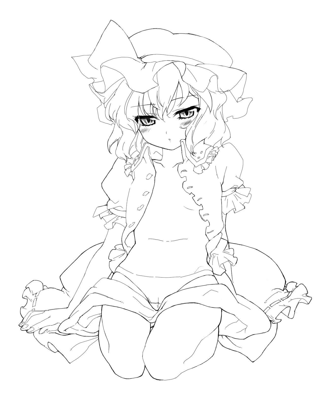 tonbi, remilia scarlet, touhou, bad id, bad pixiv id, highres, 1girl, arm support, blush, female focus, greyscale, hat, kneeling, leaning back, lineart, loli, monochrome, open clothes, open shirt, panties, seiza, shirt, short hair, sitting, solo, underwear