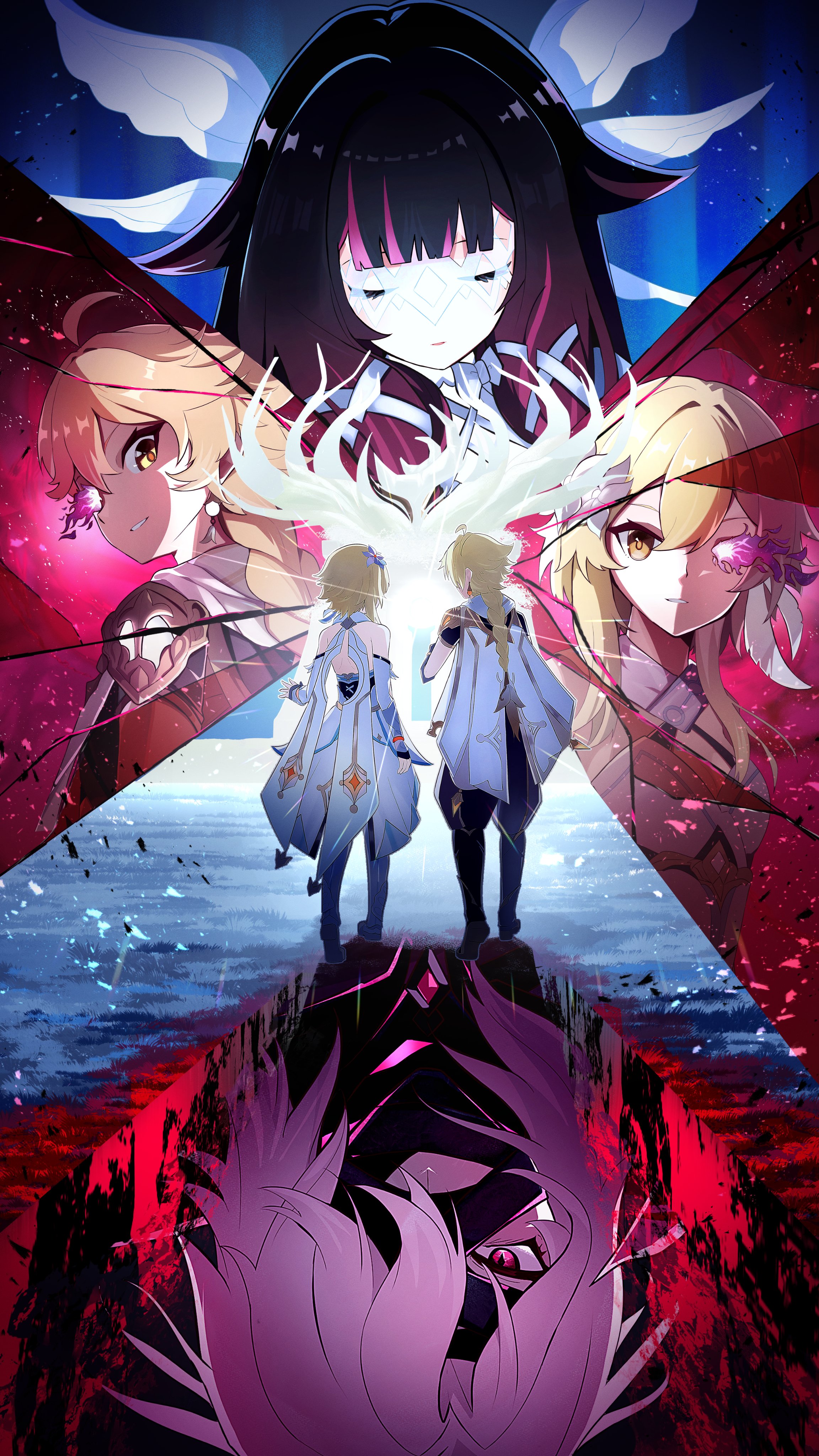 zeroartwo, aether (genshin impact), columbina (genshin impact), lumine (genshin impact), rerir (genshin impact), genshin impact, absurdres, commentary request, highres, 2boys, 2girls, ahoge, bandage over one eye, bandaged head, bandages, black bandages, black hair, blonde hair, bow, braid, cape, closed eyes, dress, earrings, eye mask, flaming eye, flower, hair between eyes, hair flower, hair ornament, head wings, jewelry, long hair, multicolored hair, multiple boys, multiple girls, multiple views, one eye covered, pink hair, red eyes, short hair with long locks, two-tone hair, white bow, white cape, white dress, white hair, white wings, wings, yellow eyes