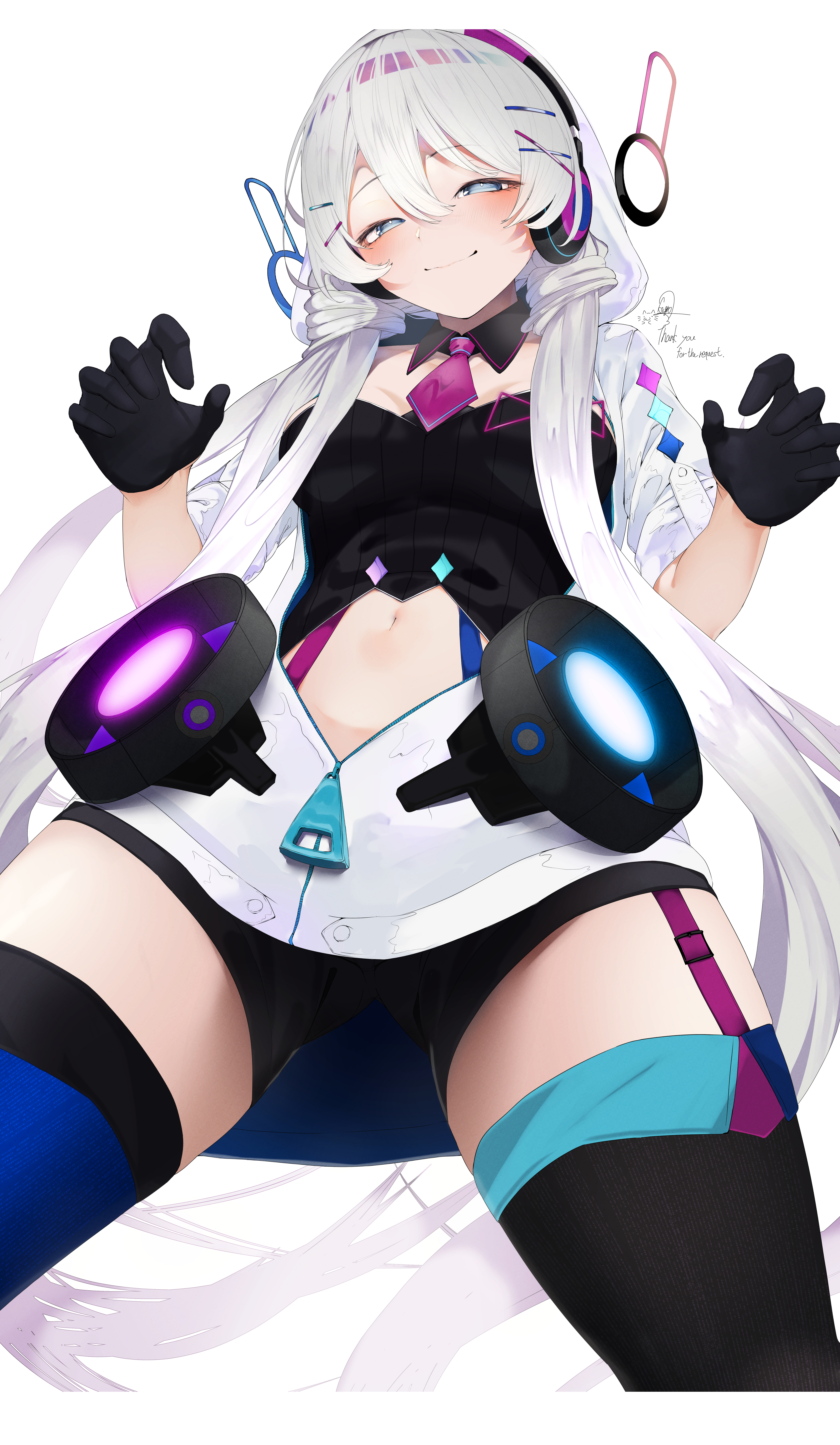 kisaragi yaya, chunithm, absurdres, highres, 1girl, aria neige, bike shorts, black gloves, black shorts, black thighhighs, blue eyes, blue thighhighs, blush, breasts, detached collar, dress, garter straps, gloves, long hair, looking at viewer, medium breasts, navel, necktie, partially unzipped, purple necktie, short necktie, shorts, simple background, smile, solo, thighhighs, white background, white dress, white hair, zipper dress, zipper pull tab
