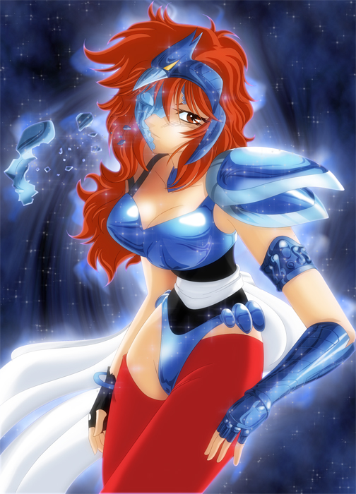 melficexd, eagle marin, saint seiya, bad deviantart id, bad id, 1girl, armor, breasts, cleavage, elbow gloves, gloves, large breasts, mask, red hair, spandex, unworn mask