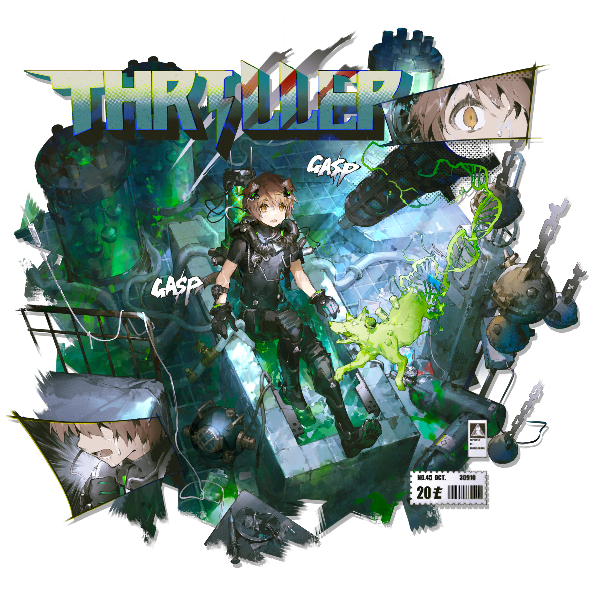 scorpion5050, greyy (arknights), greyy the lightningbearer (arknights), arknights, highres, official art, third-party source, 1boy, animal ears, armored boots, barcode, bishounen, black bodysuit, black boots, black gloves, bodysuit, boots, brown eyes, brown hair, chain, coughing, diving helmet, diving suit, dna, dog, dog boy, dog ears, dog tail, earpiece, ears down, english text, floppy ears, full body, gas cylinder, gloves, green liquid, green theme, greyy the lightningbearer (biochemical submergence) (arknights), halftone, helmet, in bathtub, indoors, intravenous drip, knee guards, laboratory, male focus, multiple views, official alternate costume, open mouth, oxygen tank, pressure gauge, price, rhodes island logo (arknights), short hair, simple background, sitting, skin tight, solo, sound effects, stasis tank, syringe, tail, title, transparent background, tube, western comics (style), wet, wristband, yellow eyes
