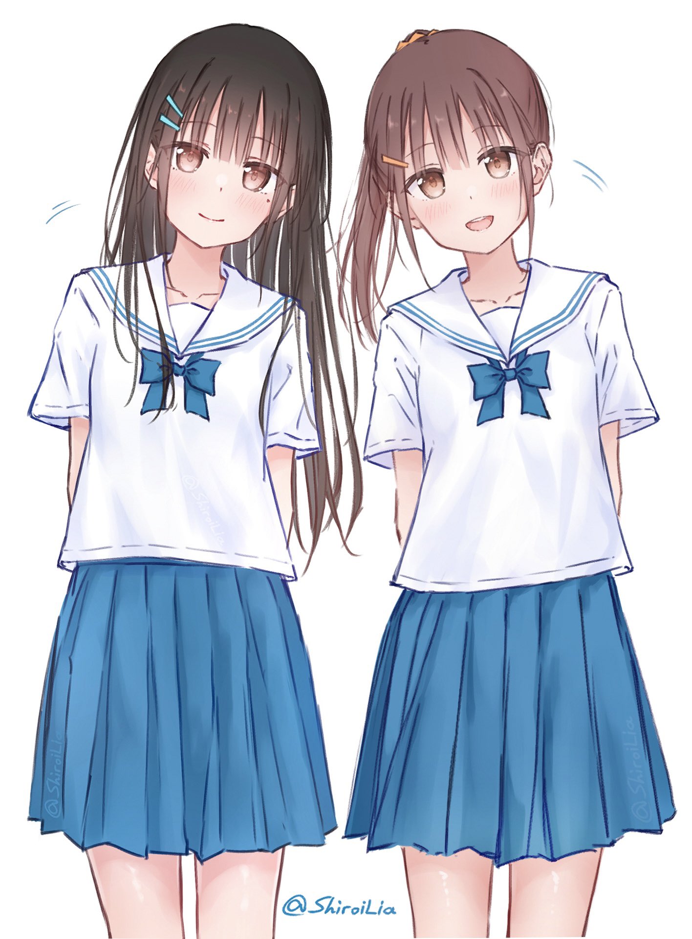 kutatsu (kutatsu7), original, highres, 2girls, black hair, blue bow, blue bowtie, blue skirt, blush, bow, bowtie, breasts, brown eyes, brown hair, closed mouth, collarbone, hair between eyes, hair ornament, hairclip, high ponytail, long hair, looking at viewer, mole, mole under eye, momiji (kutatsu), multiple girls, open mouth, pleated skirt, ponytail, sailor collar, school uniform, shirt, short sleeves, simple background, skirt, small breasts, smile, white background, white sailor collar, white shirt, yuki (kutatsu)