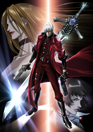 dante (devil may cry), lady (devil may cry), rebellion (sword), trish (devil may cry), capcom, devil may cry (anime), devil may cry (series), devil may cry 1, official art, 00s, 1boy, 2girls, black hair, blonde hair, boots, buckle straps, coat, dual wielding, gun, handgun, holding, multiple girls, pistol, sword, trench coat, weapon, white hair