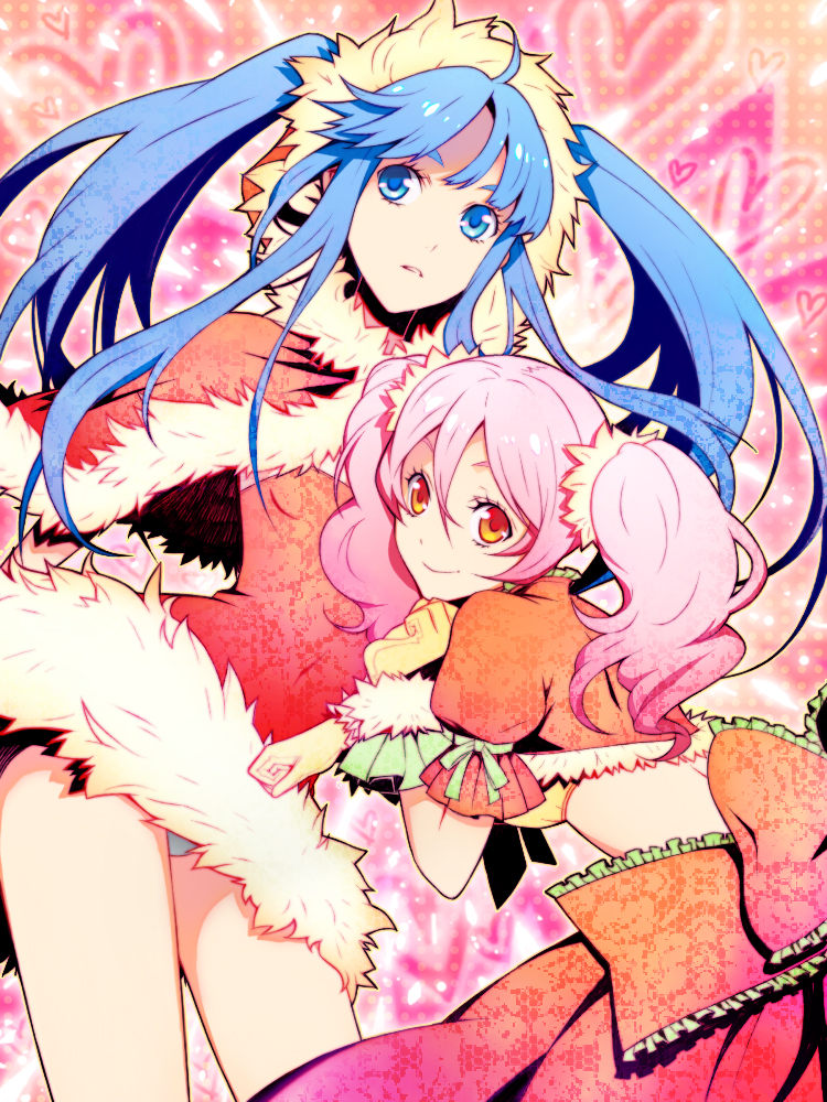 chimachi, original, ahoge, blue eyes, blue hair, christmas, long hair, panties, pantyshot, pink hair, santa costume, twintails, underwear, yellow eyes