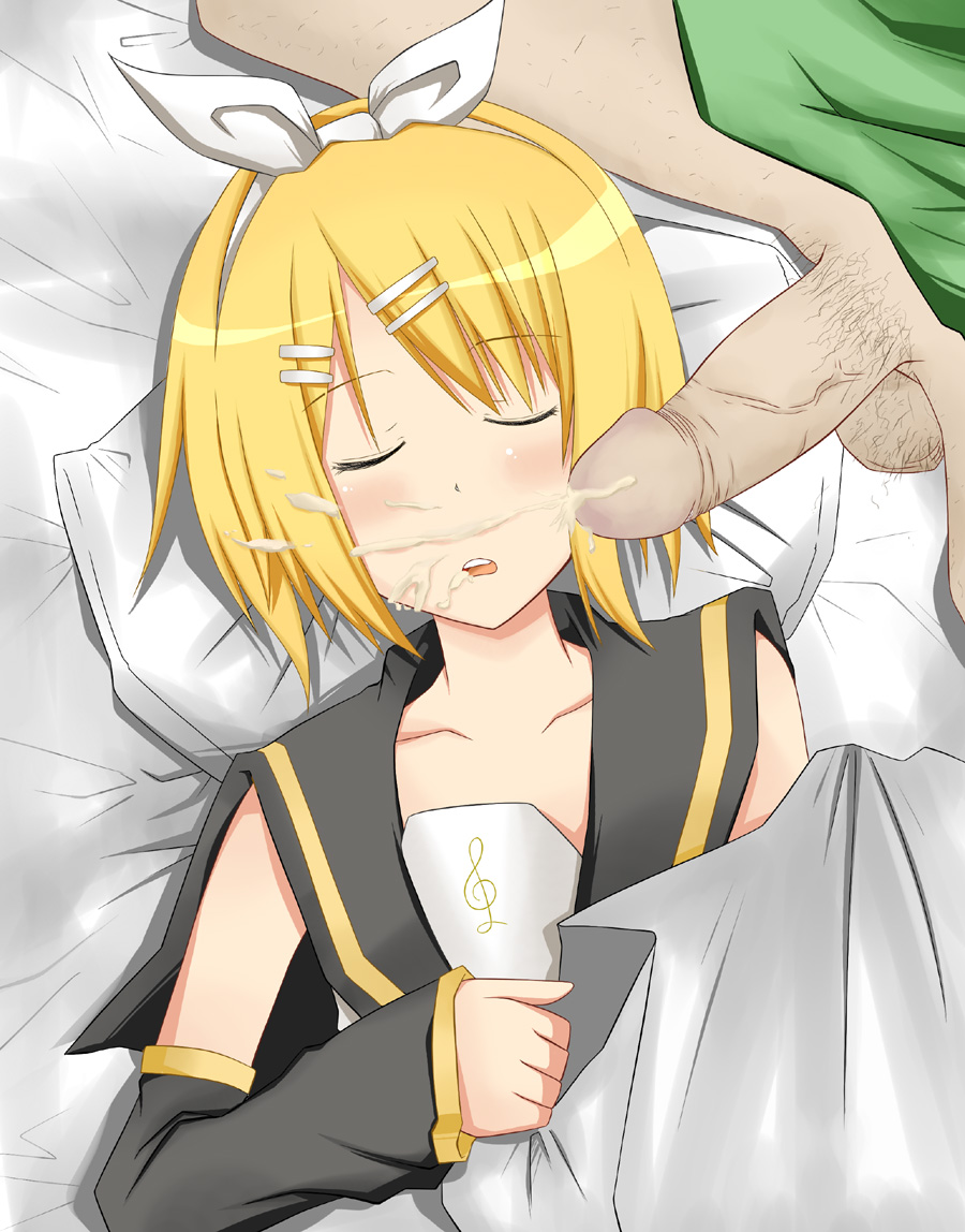 rioshi, kagamine rin, vocaloid, bad id, bad pixiv id, 1girl, bed, blonde hair, blush, closed eyes, cum, cum on body, cum on hair, detached sleeves, ejaculation, facial, flat chest, handsfree ejaculation, lying, open mouth, oral, penis, short hair, sleep molestation, sleeping, solo focus, uncensored