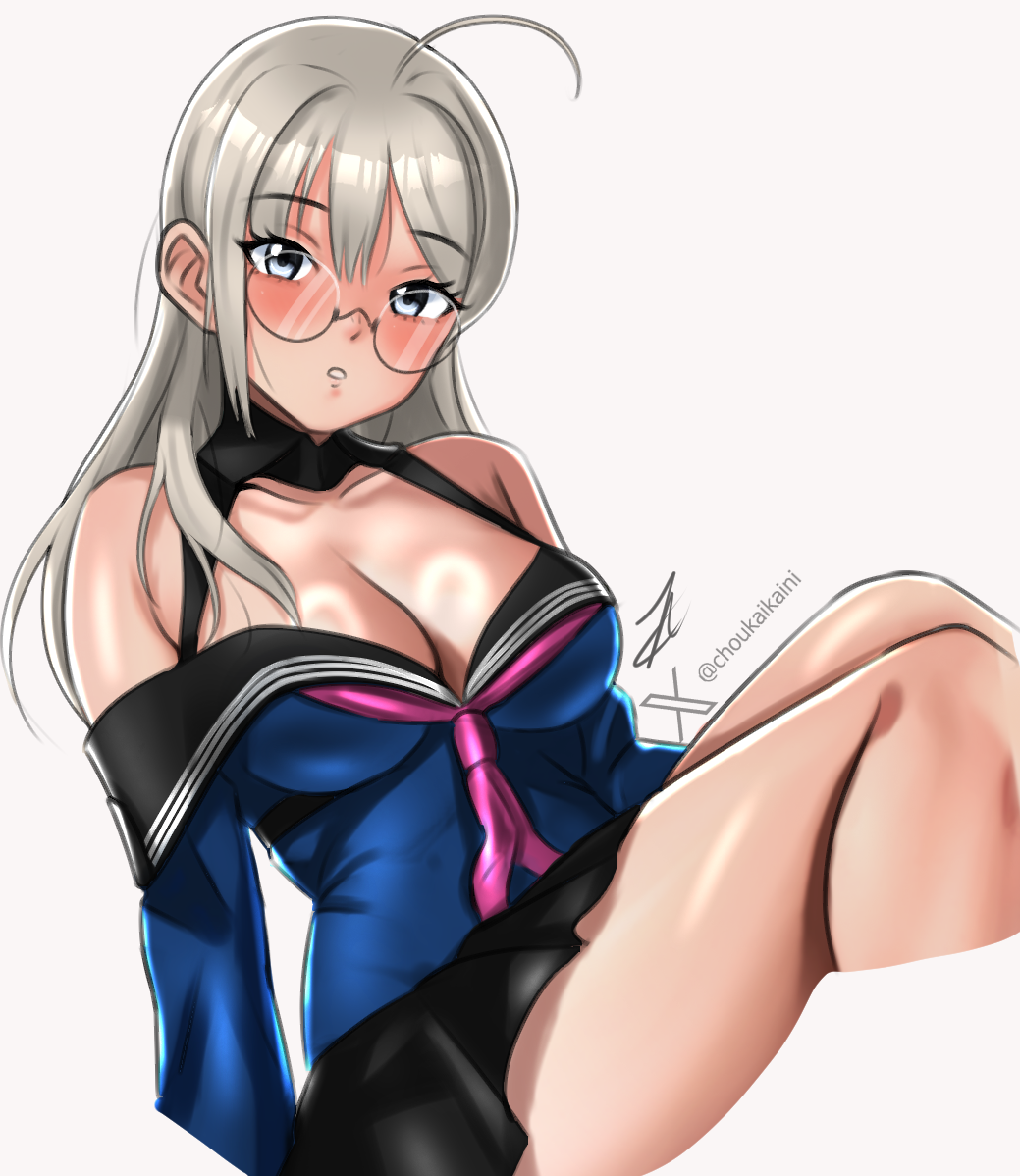shigure (choukaikaini), heywood l. edwards (kancolle), heywood l. edwards kai (kancolle), kantai collection, 1girl, ahoge, black sailor collar, black skirt, blue shirt, breasts, cleavage, collarbone, glasses, grey eyes, grey hair, long hair, medium breasts, one-hour drawing challenge, sailor collar, school uniform, serafuku, shirt, simple background, sitting, skirt, solo, white background