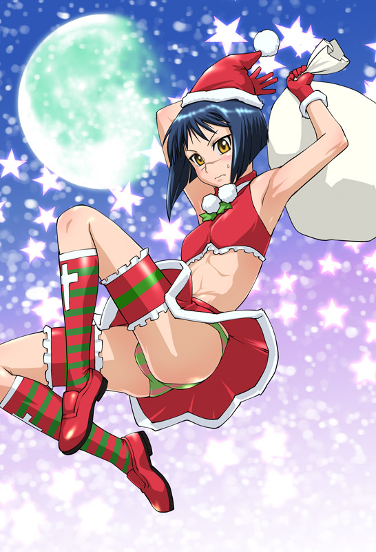 ueyama michirou, tsumura tokiko, busou renkin, multicolored legwear, 00s, 1girl, blue eyes, bob cut, christmas, female focus, frilled thigh strap, moon, panties, sack, santa costume, short hair, socks, solo, striped clothes, striped panties, striped socks, thigh strap, underwear, yellow eyes