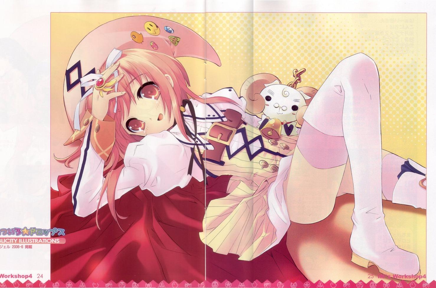 ito noizi, akihime sumomo, yuki-chan, nanatsuiro drops, scan, 00s, 1girl, bell, belt, boots, cape, female focus, glasses, hat, horns, lying, red eyes, red hair, short hair, skirt, solo, thigh boots, thighhighs, zettai ryouiki