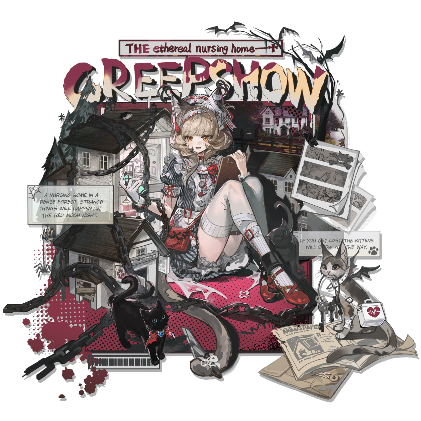 shui di yu bu lei shao, haze (arknights), miss christine (arknights), narantuya (arknights), arknights, highres, official art, third-party source, 1girl, animal ears, apron, bandaged ear, bandaged leg, bandages, barcode, bare tree, barred window, bat (animal), belt, black cat, blonde hair, breasts, brown cat, brown hair, brown tail, bug, cat, cat ears, cat girl, cat tail, chain, clipboard, cross, crossed ankles, dialogue box, doll house, dress, english text, fir tree, fluff, frilled apron, frilled dress, frills, full body, gloves, grey dress, halloween costume, hat, haze (the nursing home creepshow) (arknights), holding, holding clipboard, holding test tube, key, knees up, knife, light blush, mary janes, medium breasts, narantuya (the chainsaw nurse) (arknights), newspaper, nurse, nurse cap, official alternate costume, open mouth, paw print, pen, pill, puffy short sleeves, puffy sleeves, red bag, red cross, red shoes, red theme, ribbed socks, shoes, short sleeves, silk, simple background, single glove, sitting, smile, socks, solo, spider, spider web, striped clothes, striped dress, tail, test tube, thighhighs, title, transparent background, tree, wavy hair, western comics (style), white apron, white belt, white gloves, white socks, white thighhighs, yellow eyes