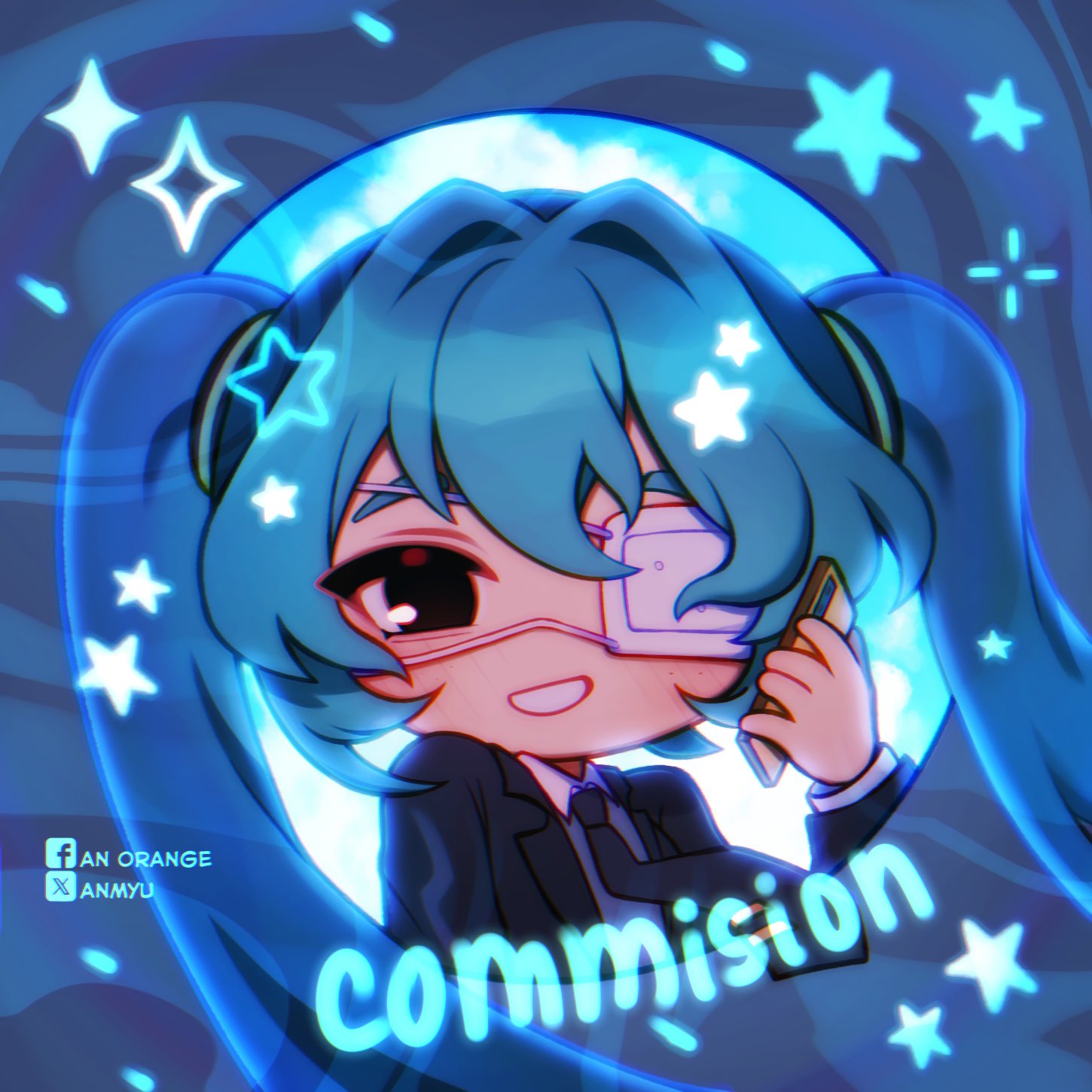 anmyu, hatsune miku, monitoring (vocaloid), vocaloid, commission, hashtag-only commentary, highres, 1girl, :d, ||/, aegyo sal, backlighting, black eyes, black jacket, black necktie, blue border, blue hair, blue sky, blue theme, border, chibi, chibi only, cloud, day, double-parted bangs, eyepatch, facebook logo, facebook username, flat chest, grey shirt, grin, hair between eyes, hair intakes, hair ornament, hand up, holding, holding phone, jacket, lapels, layered sleeves, long hair, long sleeves, looking at viewer, medical eyepatch, necktie, no nose, one eye covered, open clothes, open jacket, open mouth, outside border, phone, round border, shirt, simple background, sky, smile, solo, sparkle, star (symbol), star symbol background, twintails, twitter username, twitter x logo, upper body, wind