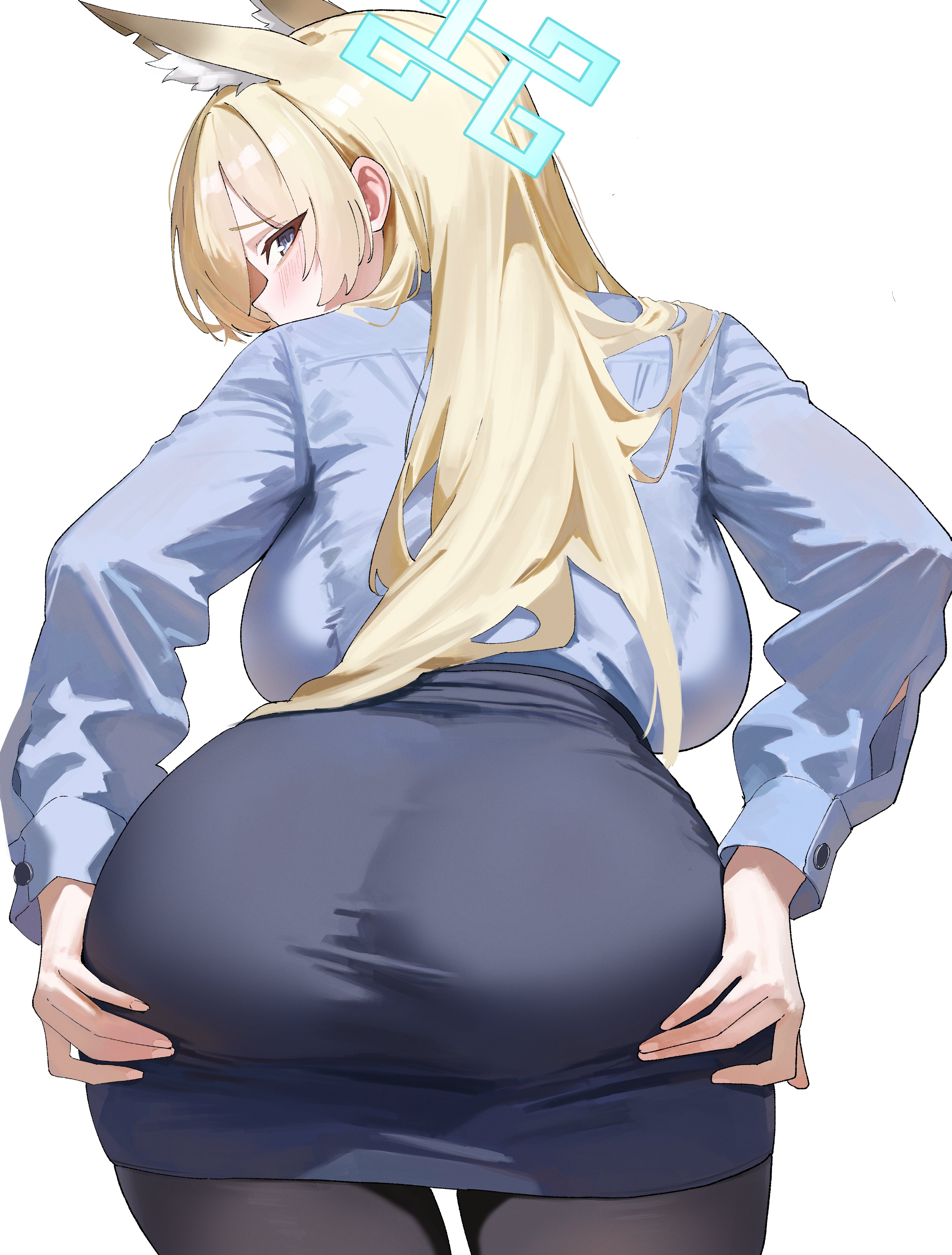 yue3621, kanna (blue archive), blue archive, absurdres, commentary, highres, 1girl, animal ear fluff, animal ears, ass, backboob, black pantyhose, blue eyes, blue halo, blue shirt, blue skirt, blush, breasts, dog ears, dog girl, extra ears, from behind, furrowed brow, hair between eyes, halo, hands on own ass, large breasts, leaning forward, long hair, long sleeves, looking at viewer, looking back, miniskirt, pantyhose, pencil skirt, shirt, shirt tucked in, sidelocks, simple background, skirt, solo, standing, thighs, turning head, very long hair, white background