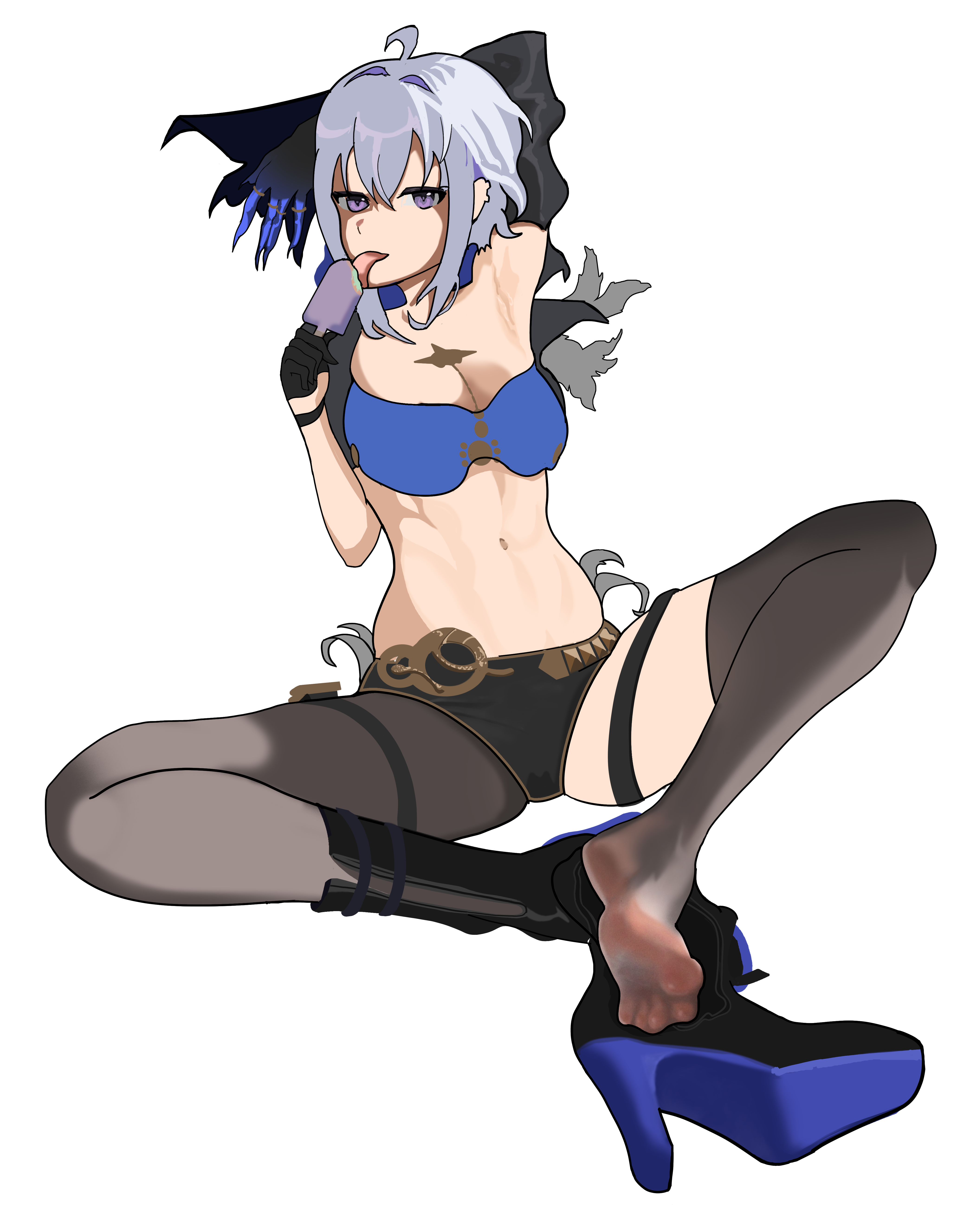 paintcaramel, galbrena (wuthering waves), wuthering waves, absurdres, highres, 1girl, arm behind head, boots, feet, food, grey hair, licking, looking at viewer, medium hair, popsicle, purple eyes, see-through clothes, see-through legwear, shoes, soles, thighhighs, toes, unworn boots, unworn shoes