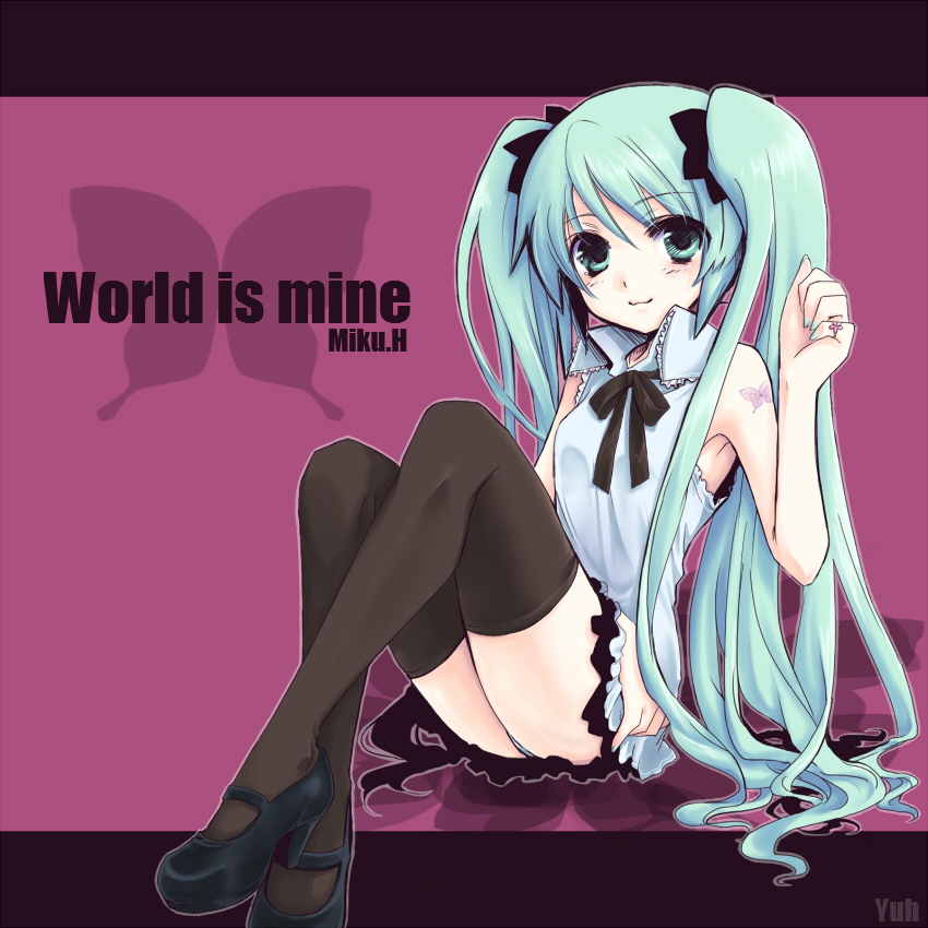 yuh, hatsune miku, vocaloid, world is mine (vocaloid), 1girl, aqua eyes, aqua hair, bow, bowtie, female focus, high heels, long hair, mary janes, panties, pantyshot, shoes, sitting, solo, thighhighs, twintails, underwear, very long hair