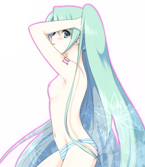 yuh, hatsune miku, vocaloid, 1girl, adjusting hair, aqua eyes, aqua hair, armpits, female focus, flat chest, long hair, nipples, panties, solo, striped clothes, striped panties, topless female, underwear, underwear only, very long hair
