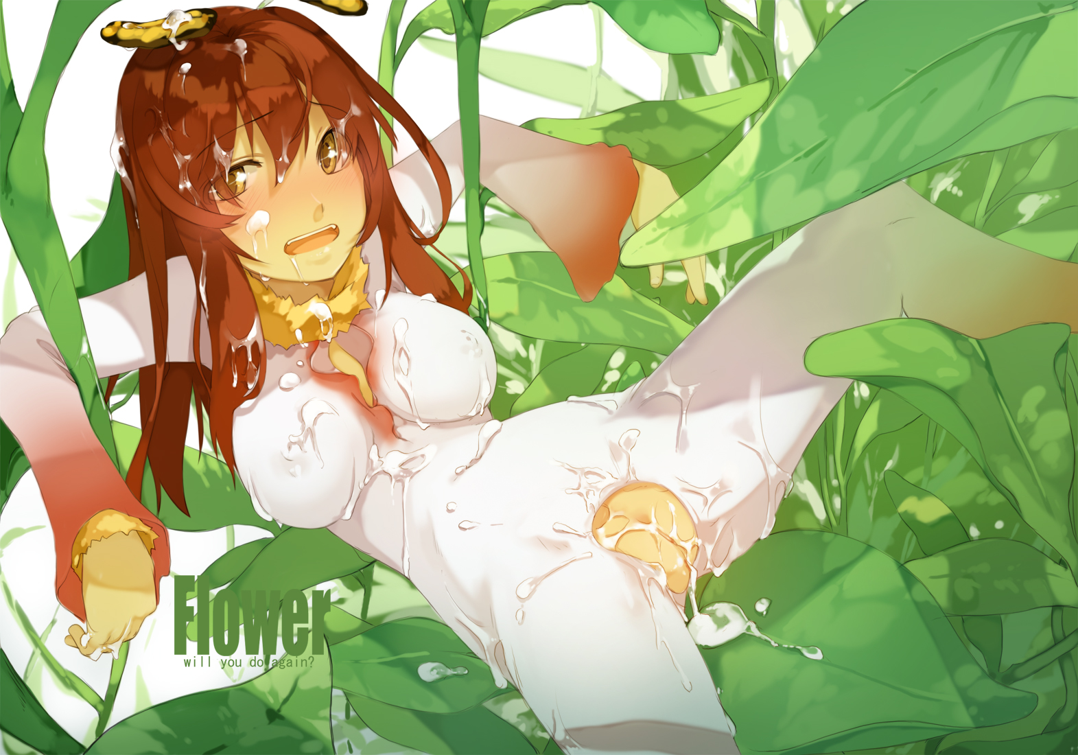 maruku, original, 1girl, aftersex, antennae, blush, bodysuit, brown hair, bukkake, cum, cum in pussy, cum on body, cum on hair, facial, female focus, flower, long hair, lying, monster girl, orange eyes, plant girl, pussy, solo, spread legs, uncensored