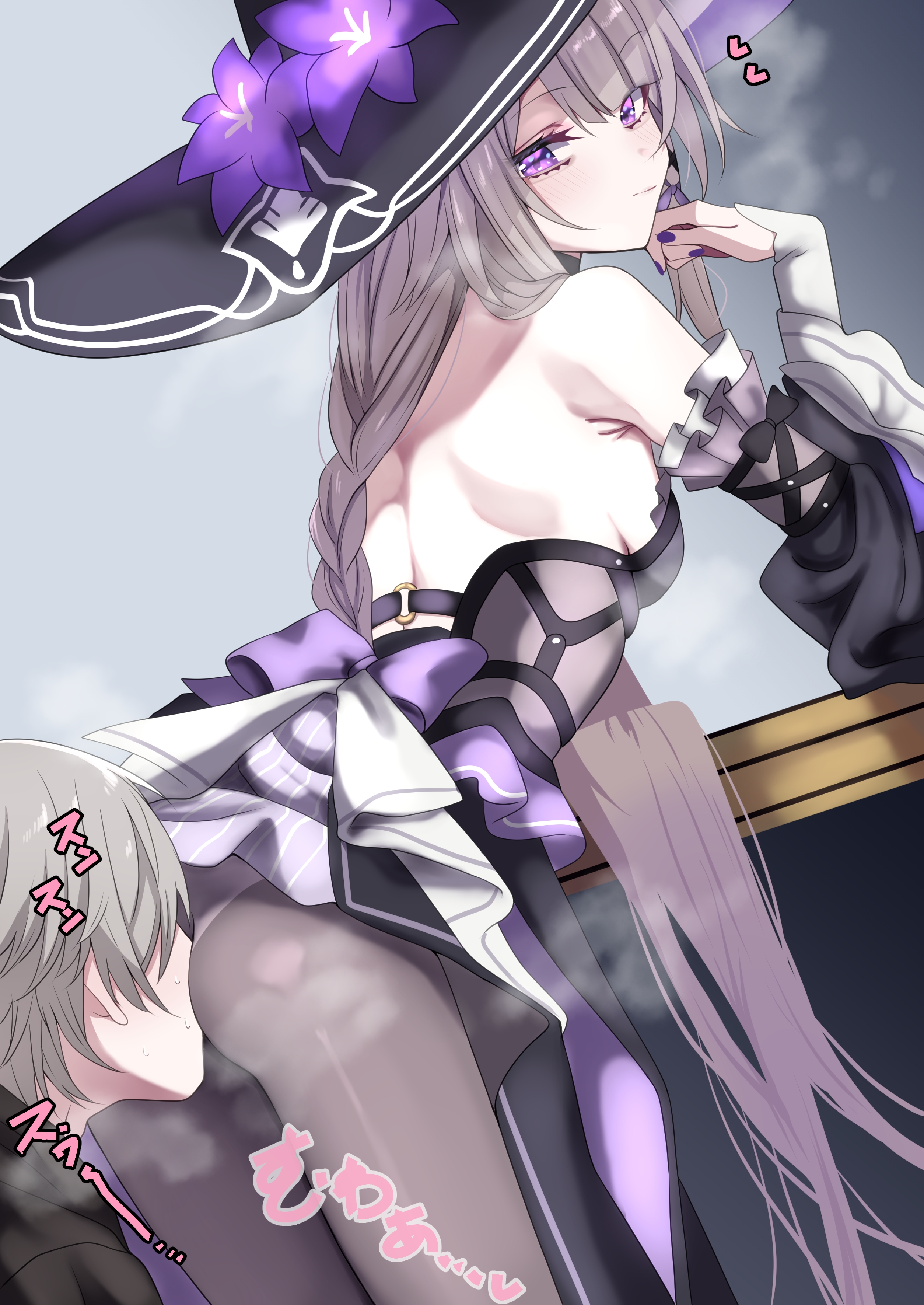 tonomiya68, caelus (honkai: star rail), herta (honkai: star rail), the herta (honkai: star rail), trailblazer (honkai: star rail), honkai: star rail, honkai (series), absurdres, highres, ass, back bow, black hat, bow, braid, closed mouth, detached sleeves, face in ass, flower, grey hair, hat, hat flower, heart, long hair, median furrow, pantyhose, purple bow, purple eyes, purple flower, purple nails, steaming body, witch hat
